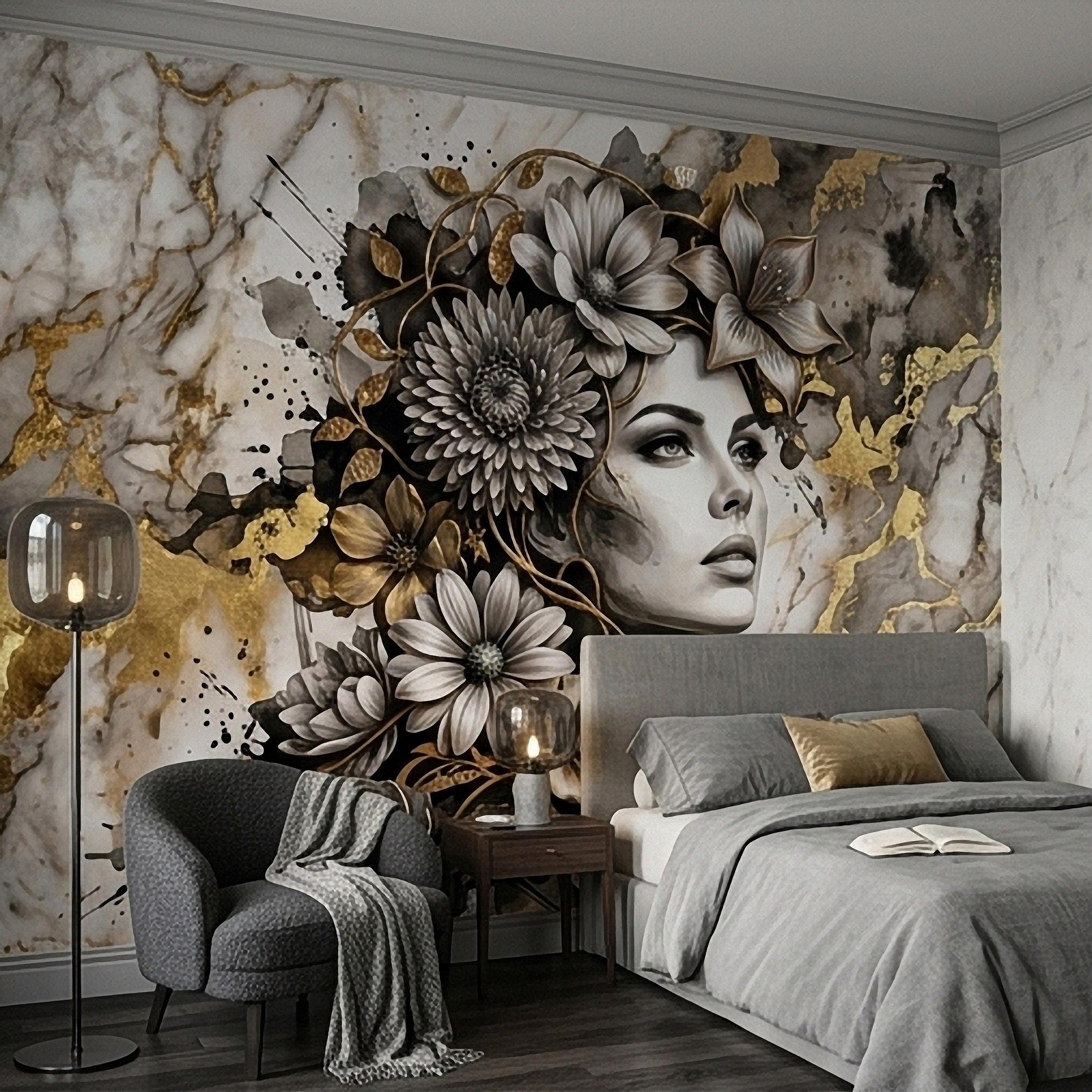 Abstract Floral Woman Peel and Stick Wall Mural, Black White Gold Marble Texture Elegant Botanical Portrait Wallpaper