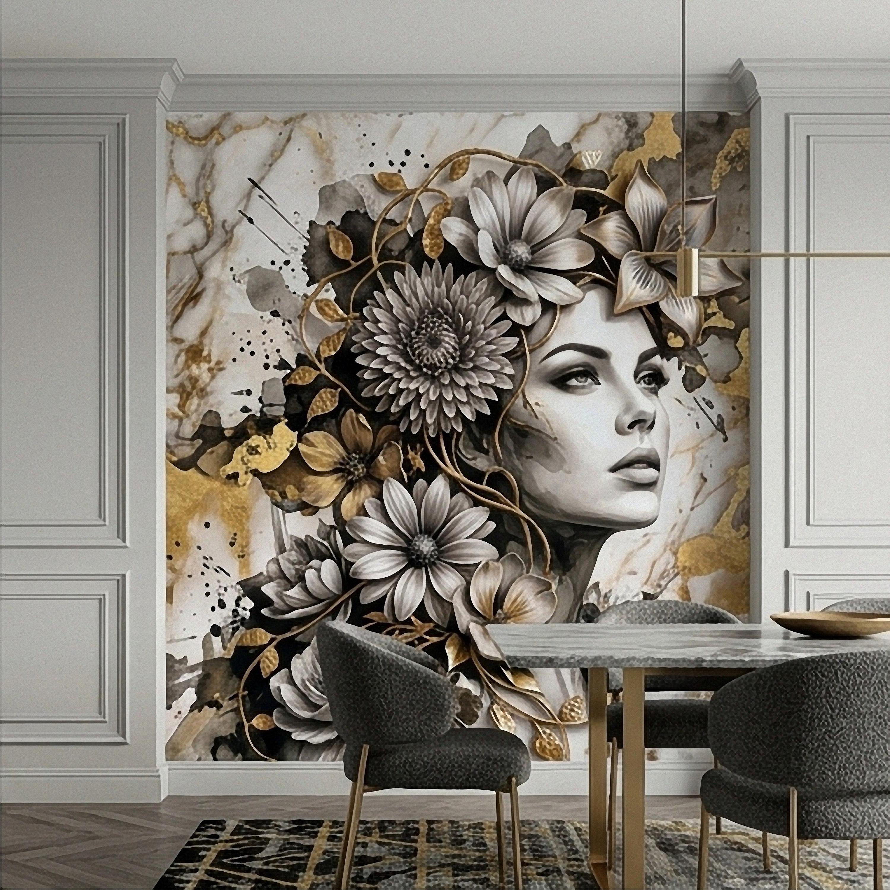 Abstract Floral Woman Peel and Stick Wall Mural, Black White Gold Marble Texture Elegant Botanical Portrait Wallpaper