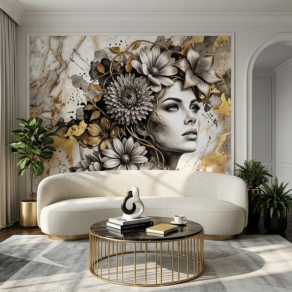 Abstract Floral Woman Peel and Stick Wall Mural, Black White Gold Marble Texture Elegant Botanical Portrait Wallpaper