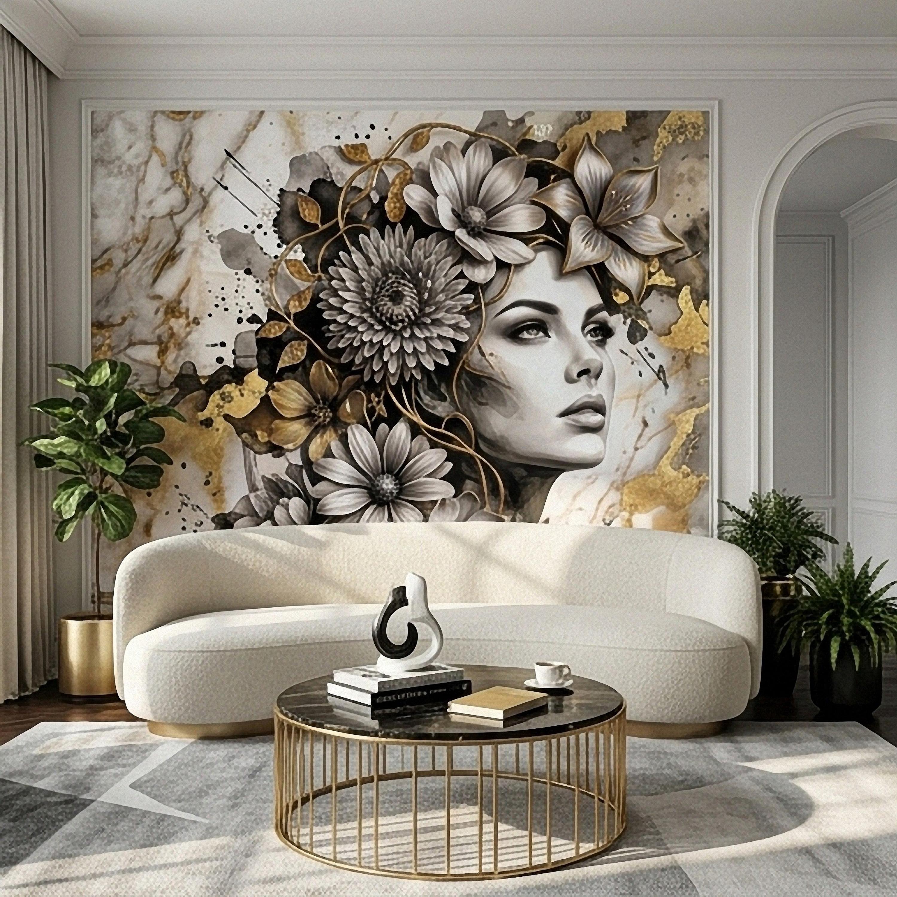 Abstract Floral Woman Peel and Stick Wall Mural, Black White Gold Marble Texture Elegant Botanical Portrait Wallpaper