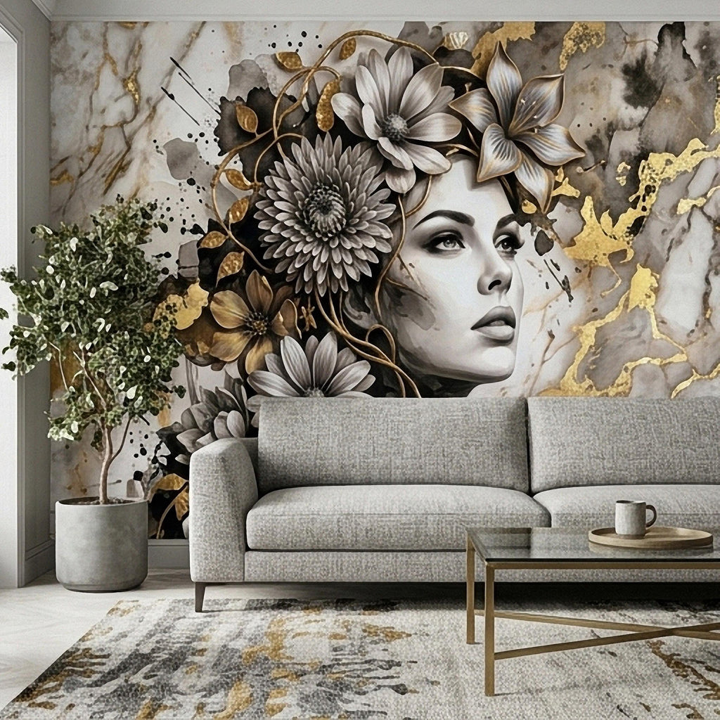 Abstract Floral Woman Peel and Stick Wall Mural, Black White Gold Marble Texture Elegant Botanical Portrait Wallpaper
