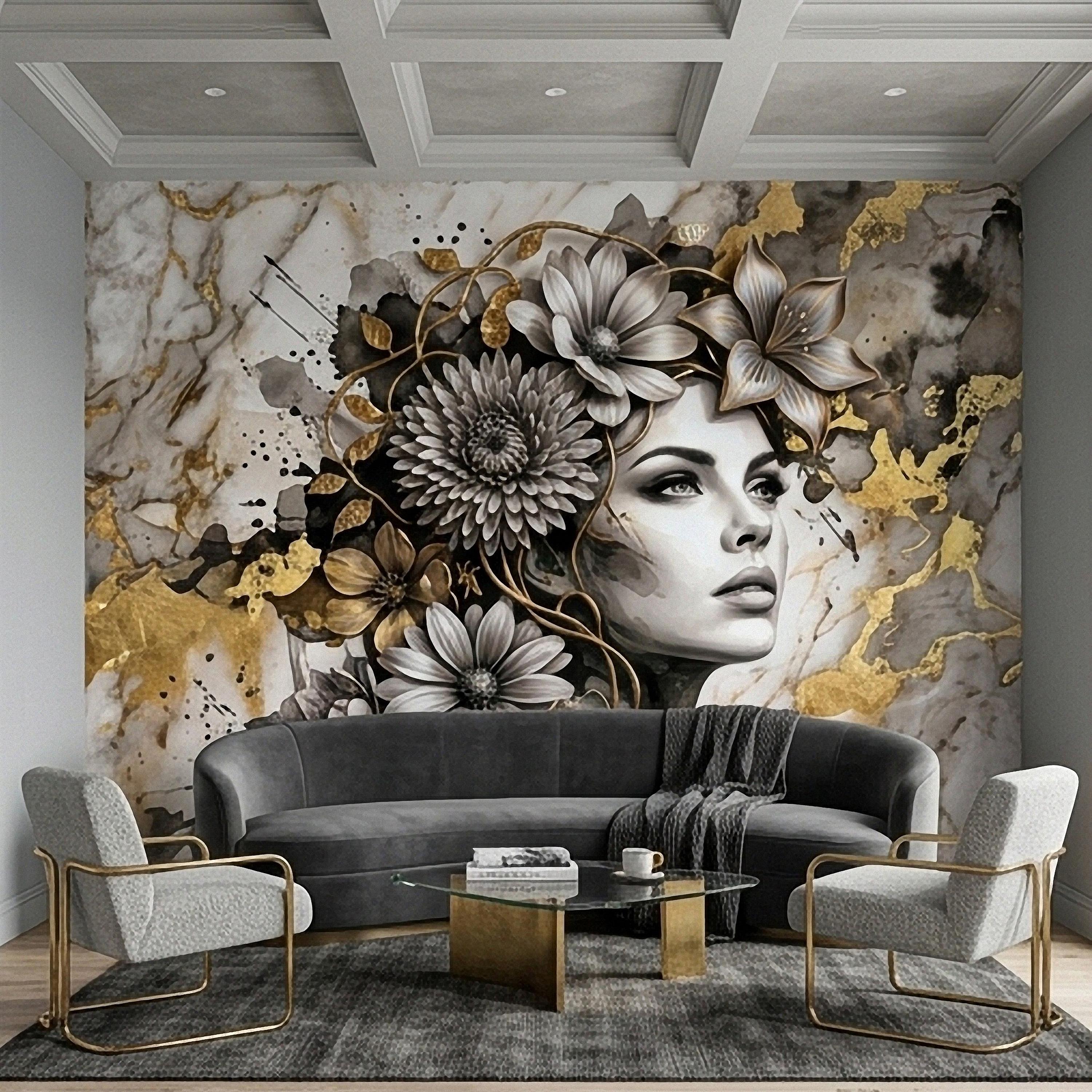 Abstract Floral Woman Peel and Stick Wall Mural, Black White Gold Marble Texture Elegant Botanical Portrait Wallpaper