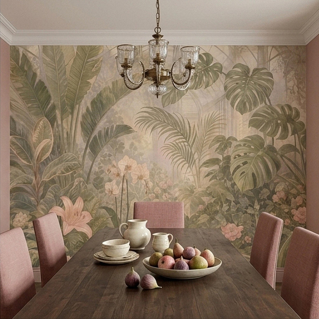 Tropical Botanical Peel and Stick Wall Mural, Vintage Greenhouse Monstera Banana Leaves Orchids Lush Garden Wallpaper