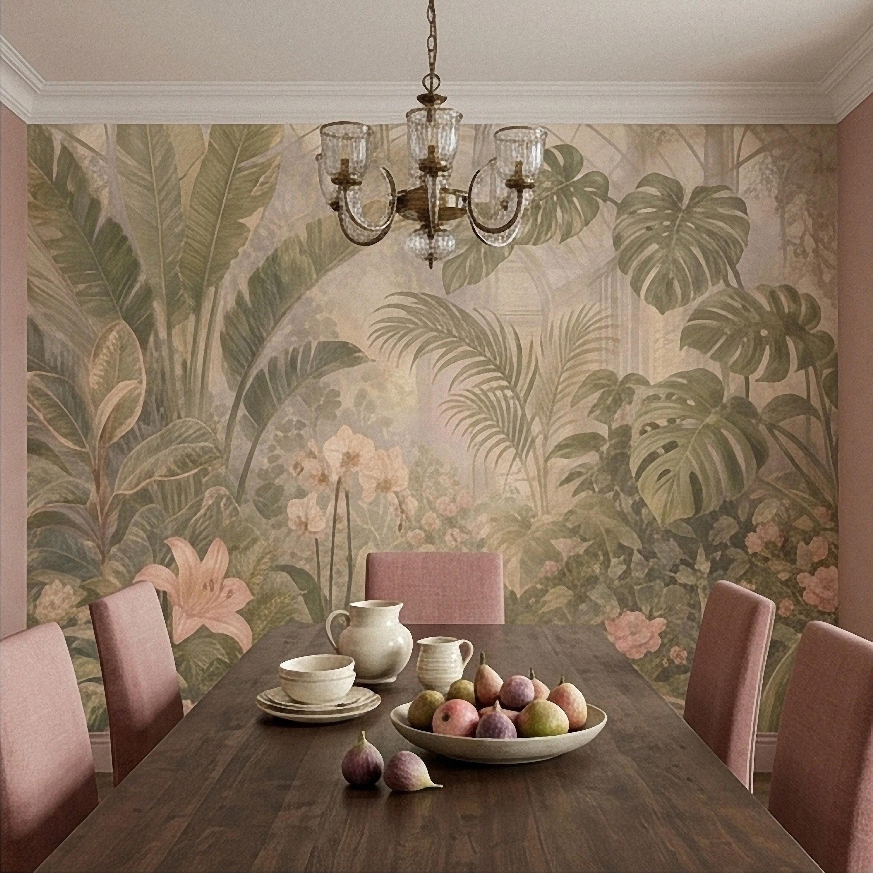 Tropical Botanical Peel and Stick Wall Mural, Vintage Greenhouse Monstera Banana Leaves Orchids Lush Garden Wallpaper