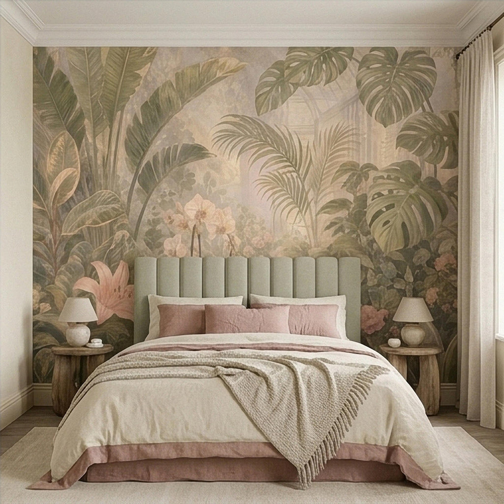 Tropical Botanical Peel and Stick Wall Mural, Vintage Greenhouse Monstera Banana Leaves Orchids Lush Garden Wallpaper