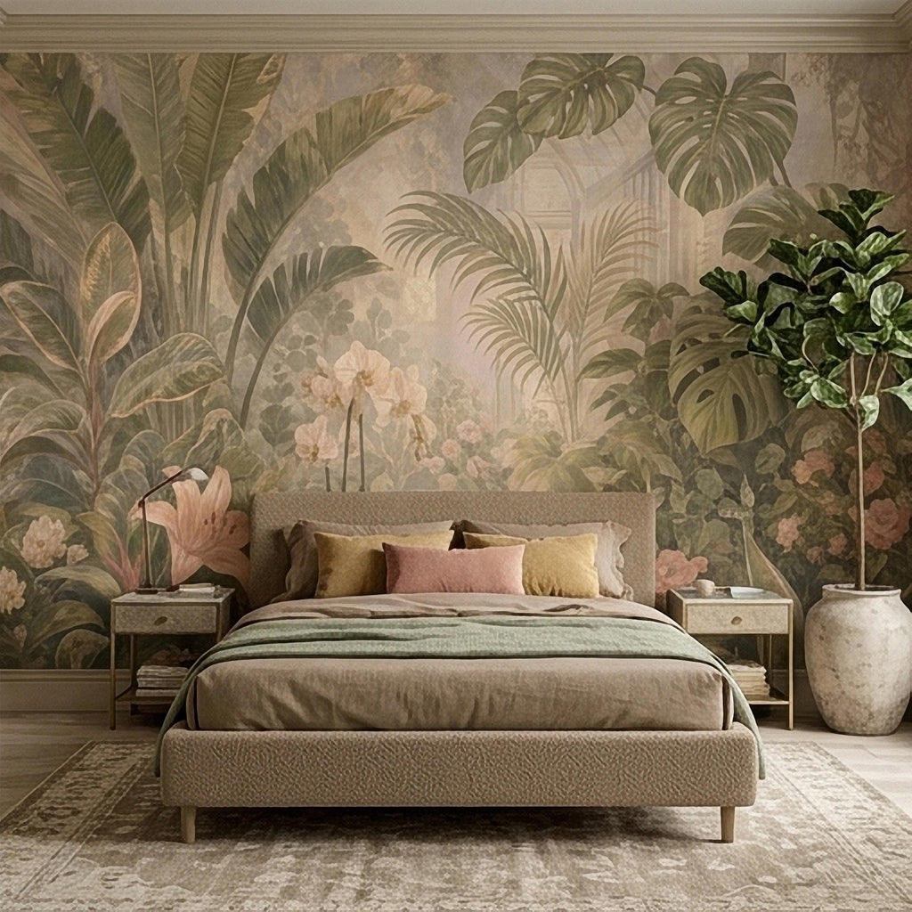 Tropical Botanical Peel and Stick Wall Mural, Vintage Greenhouse Monstera Banana Leaves Orchids Lush Garden Wallpaper