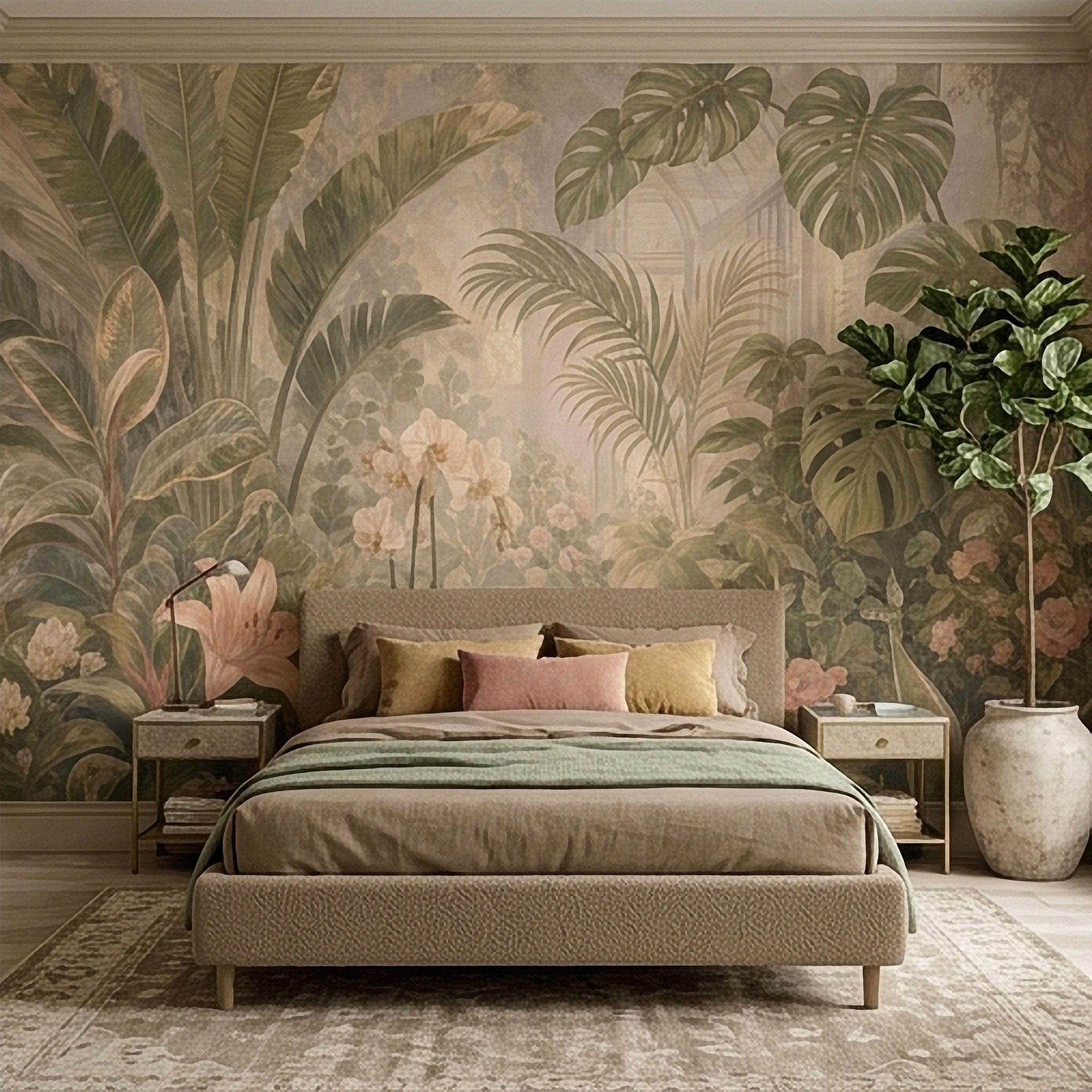 Tropical Botanical Peel and Stick Wall Mural, Vintage Greenhouse Monstera Banana Leaves Orchids Lush Garden Wallpaper