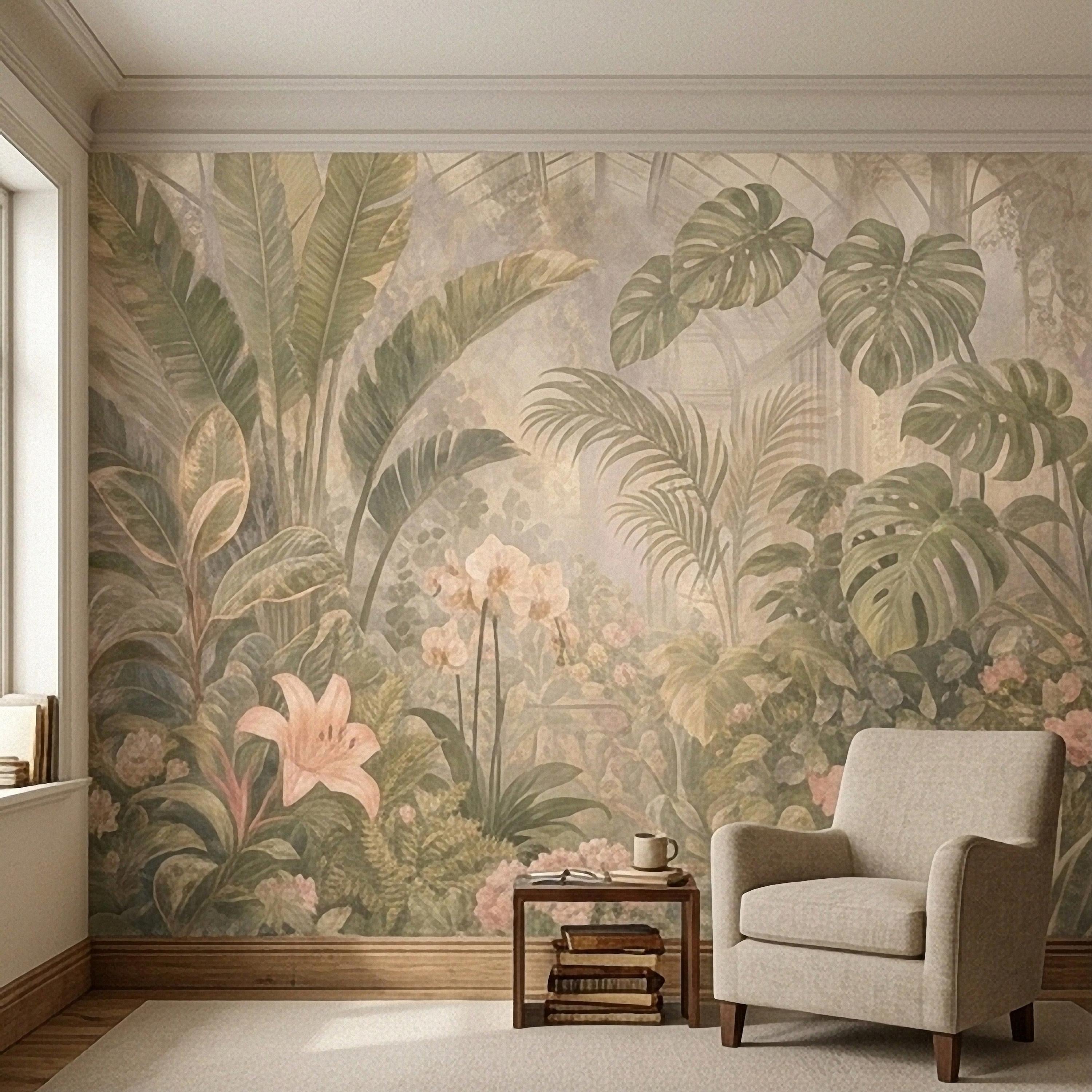 Tropical Botanical Peel and Stick Wall Mural, Vintage Greenhouse Monstera Banana Leaves Orchids Lush Garden Wallpaper