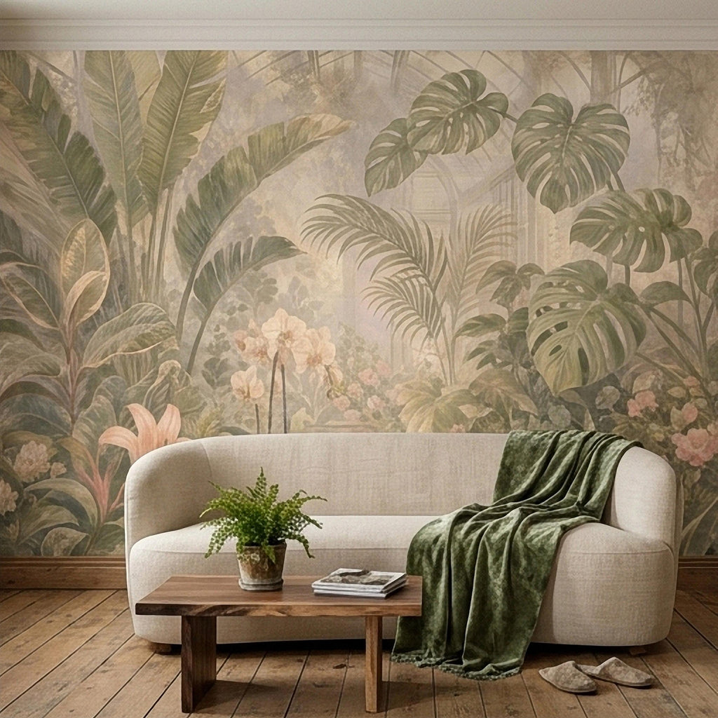 Tropical Botanical Peel and Stick Wall Mural, Vintage Greenhouse Monstera Banana Leaves Orchids Lush Garden Wallpaper