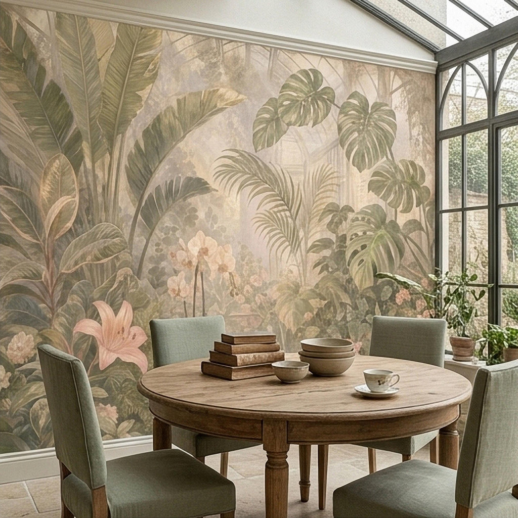 Tropical Botanical Peel and Stick Wall Mural, Vintage Greenhouse Monstera Banana Leaves Orchids Lush Garden Wallpaper