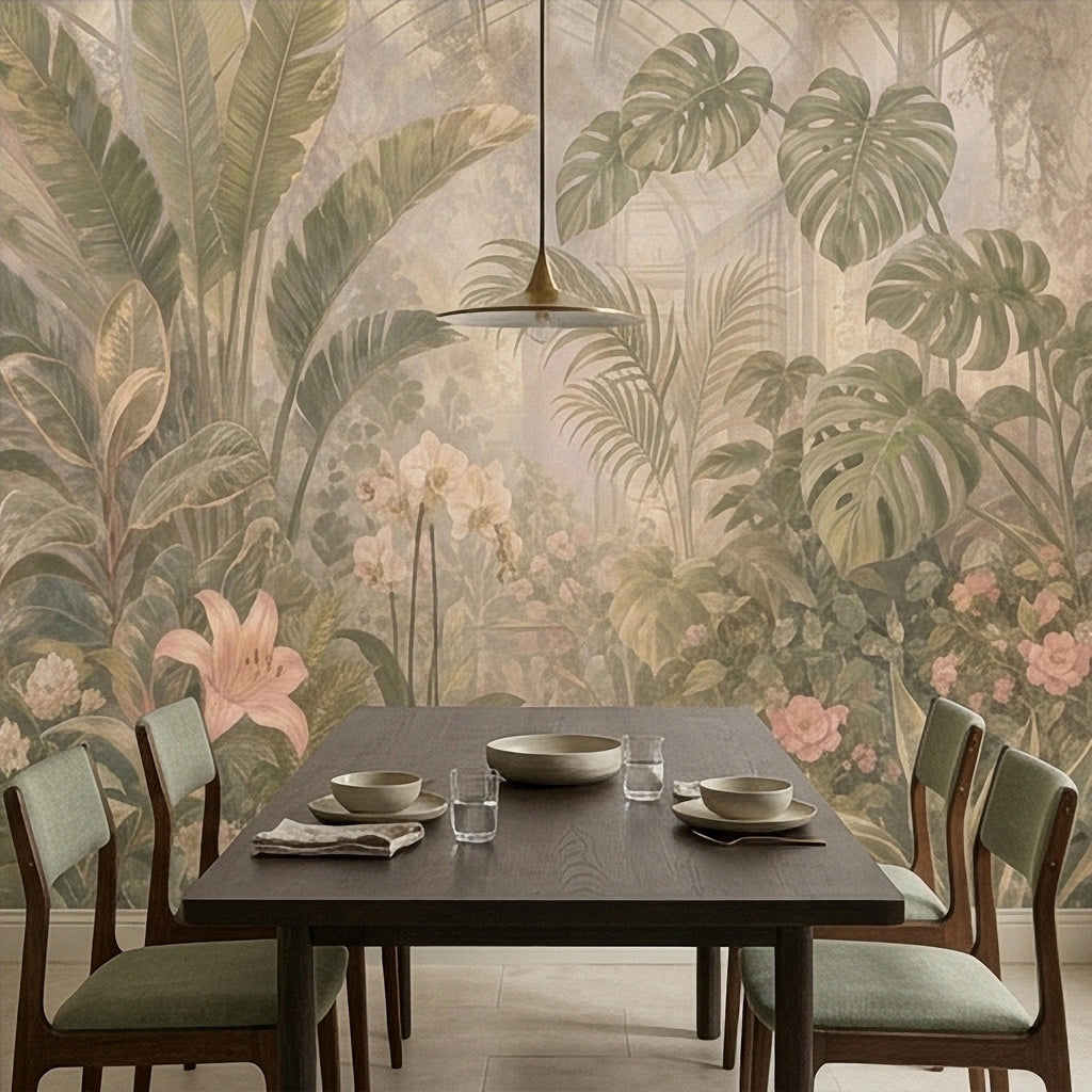 Tropical Botanical Peel and Stick Wall Mural, Vintage Greenhouse Monstera Banana Leaves Orchids Lush Garden Wallpaper