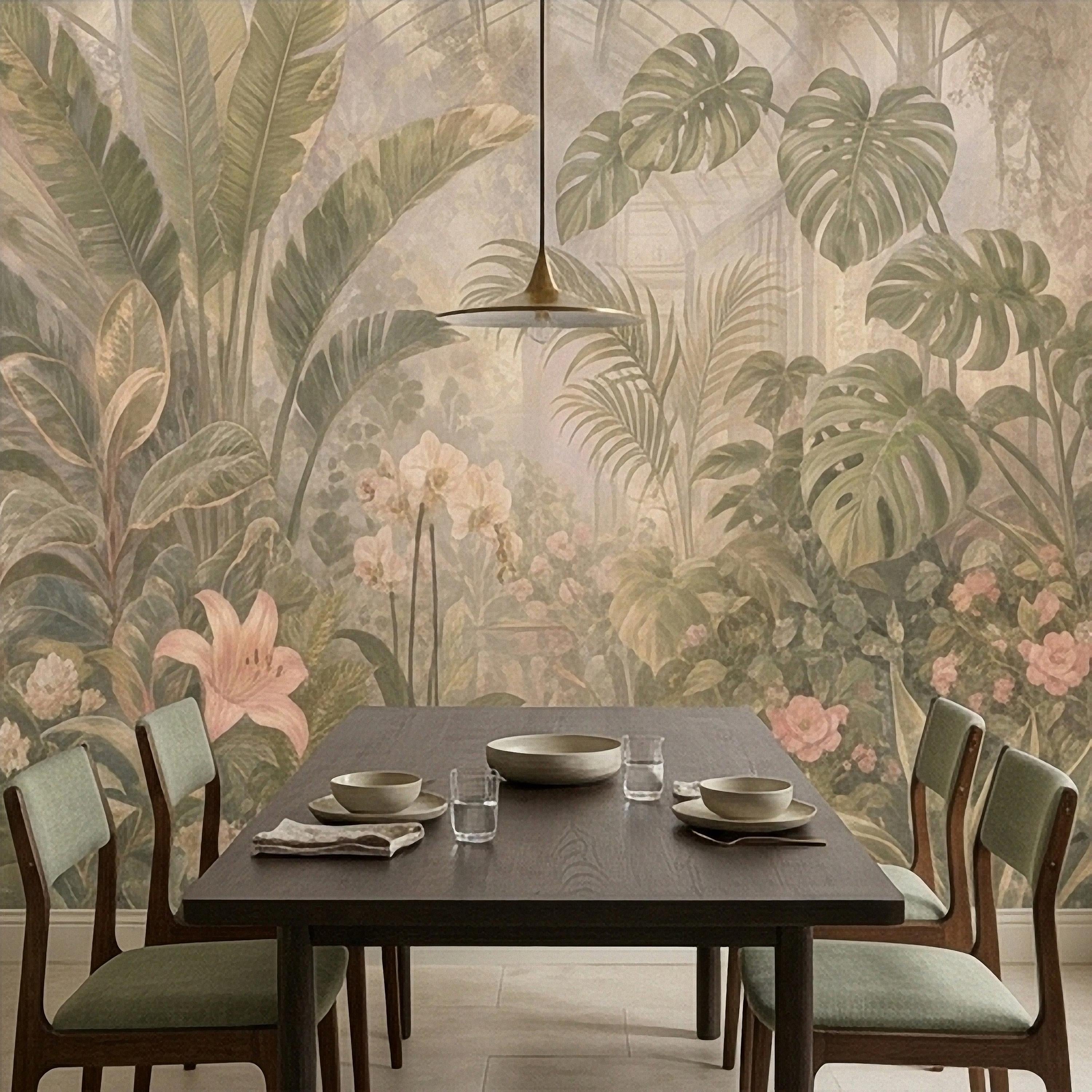 Tropical Botanical Peel and Stick Wall Mural, Vintage Greenhouse Monstera Banana Leaves Orchids Lush Garden Wallpaper