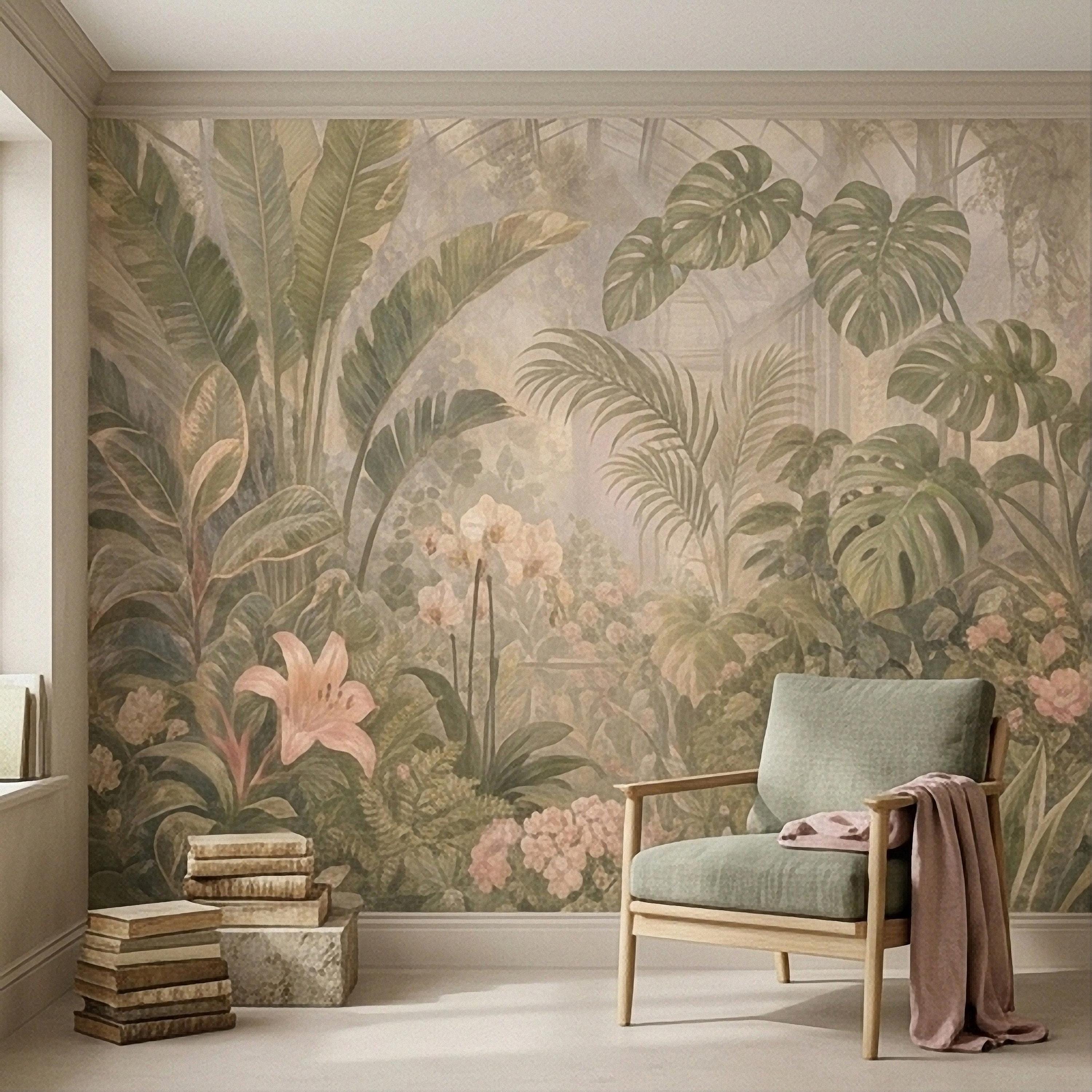 Tropical Botanical Peel and Stick Wall Mural, Vintage Greenhouse Monstera Banana Leaves Orchids Lush Garden Wallpaper