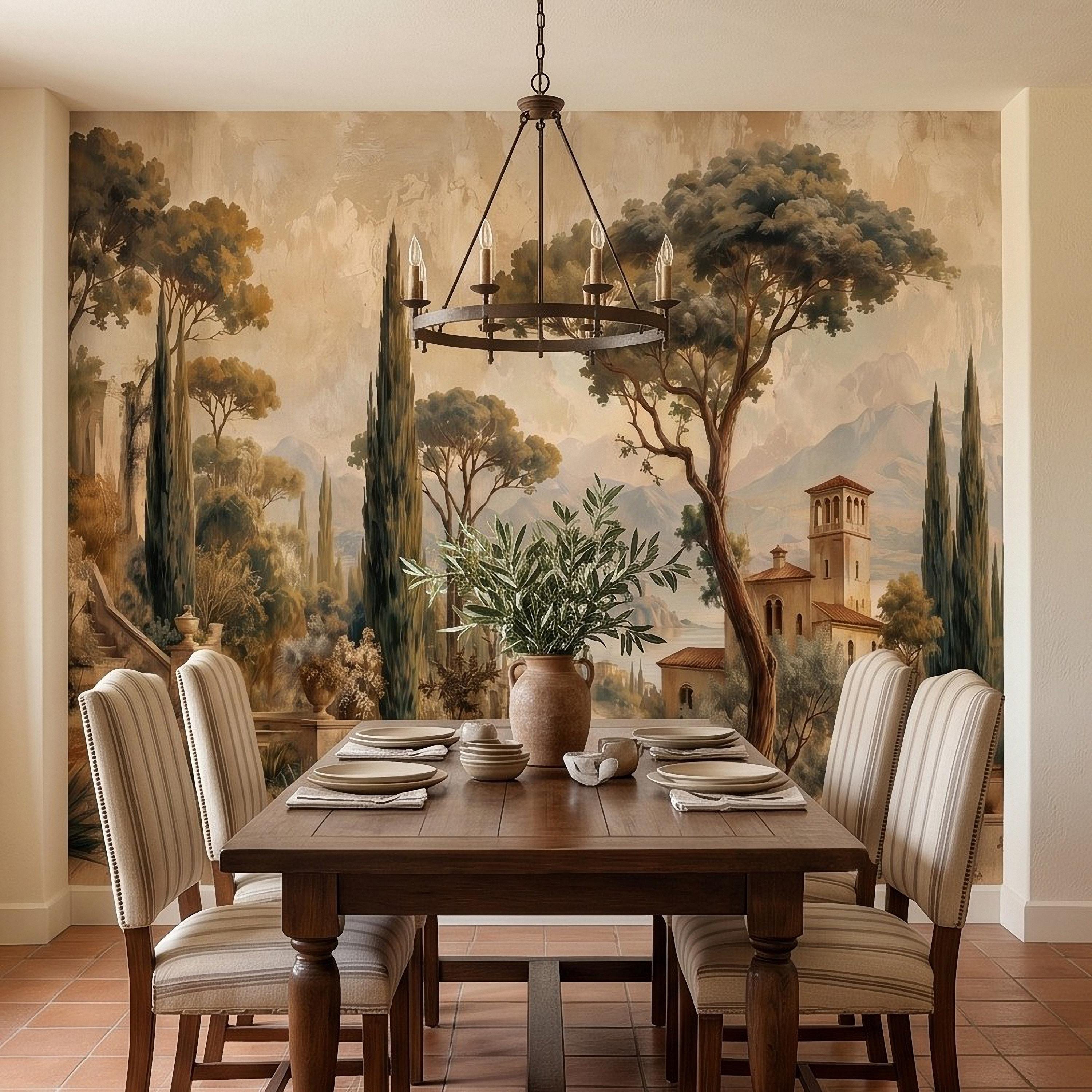 Vintage Italian Landscape Peel and Stick Wall Mural, Tuscany Lake Villa Cypress Trees Mediterranean Old World Scenic Painting Wallpaper
