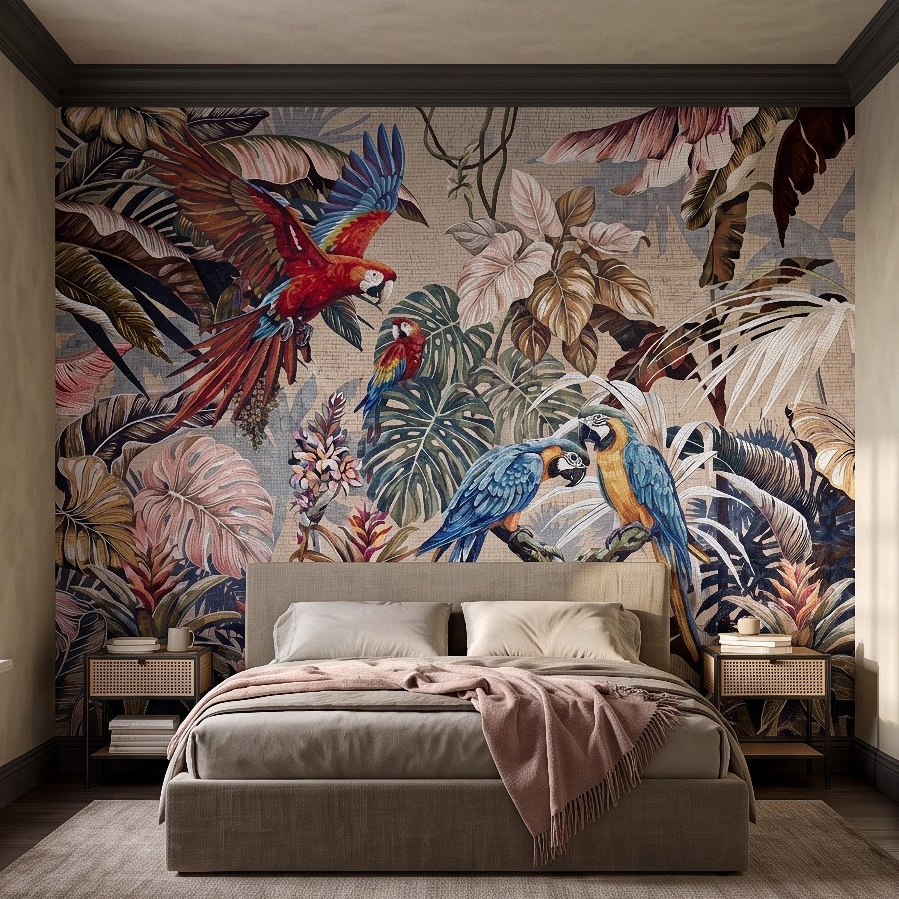 Tropical Macaw Peel and Stick Wall Mural, Exotic Parrots Monstera Banana Leaves Botanical Mosaic Wallpaper