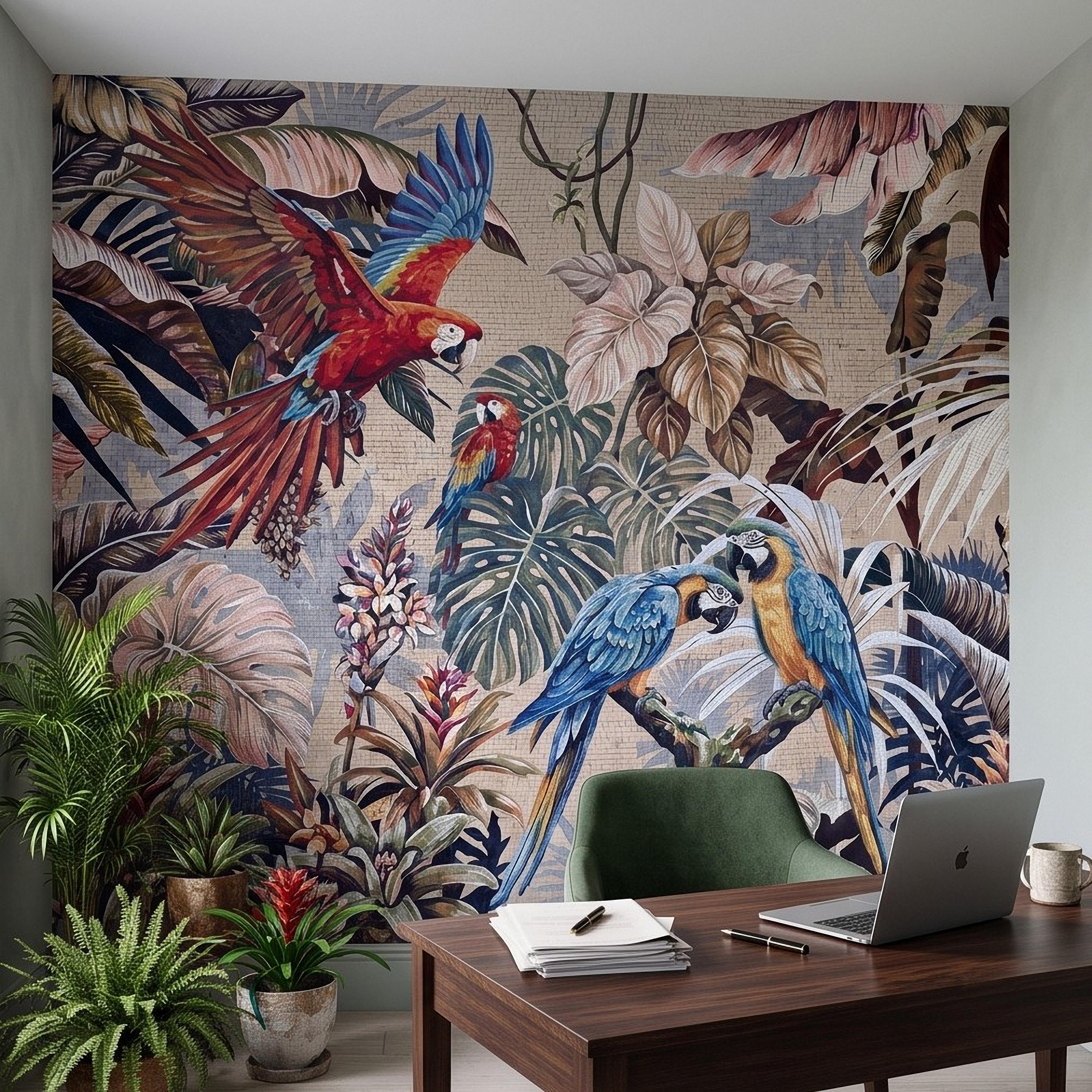 Tropical Macaw Peel and Stick Wall Mural, Exotic Parrots Monstera Banana Leaves Botanical Mosaic Wallpaper