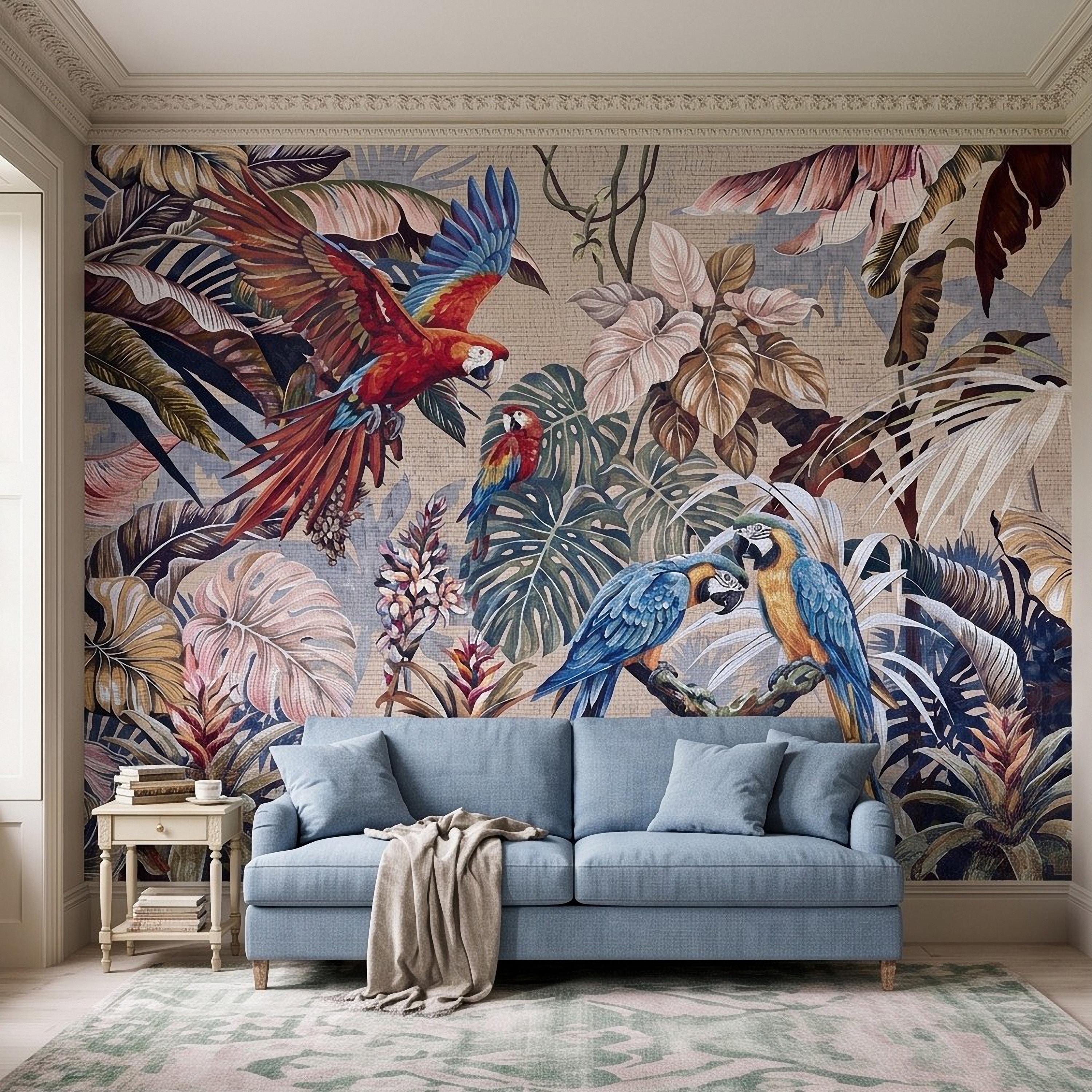 Tropical Macaw Peel and Stick Wall Mural, Exotic Parrots Monstera Banana Leaves Botanical Mosaic Wallpaper