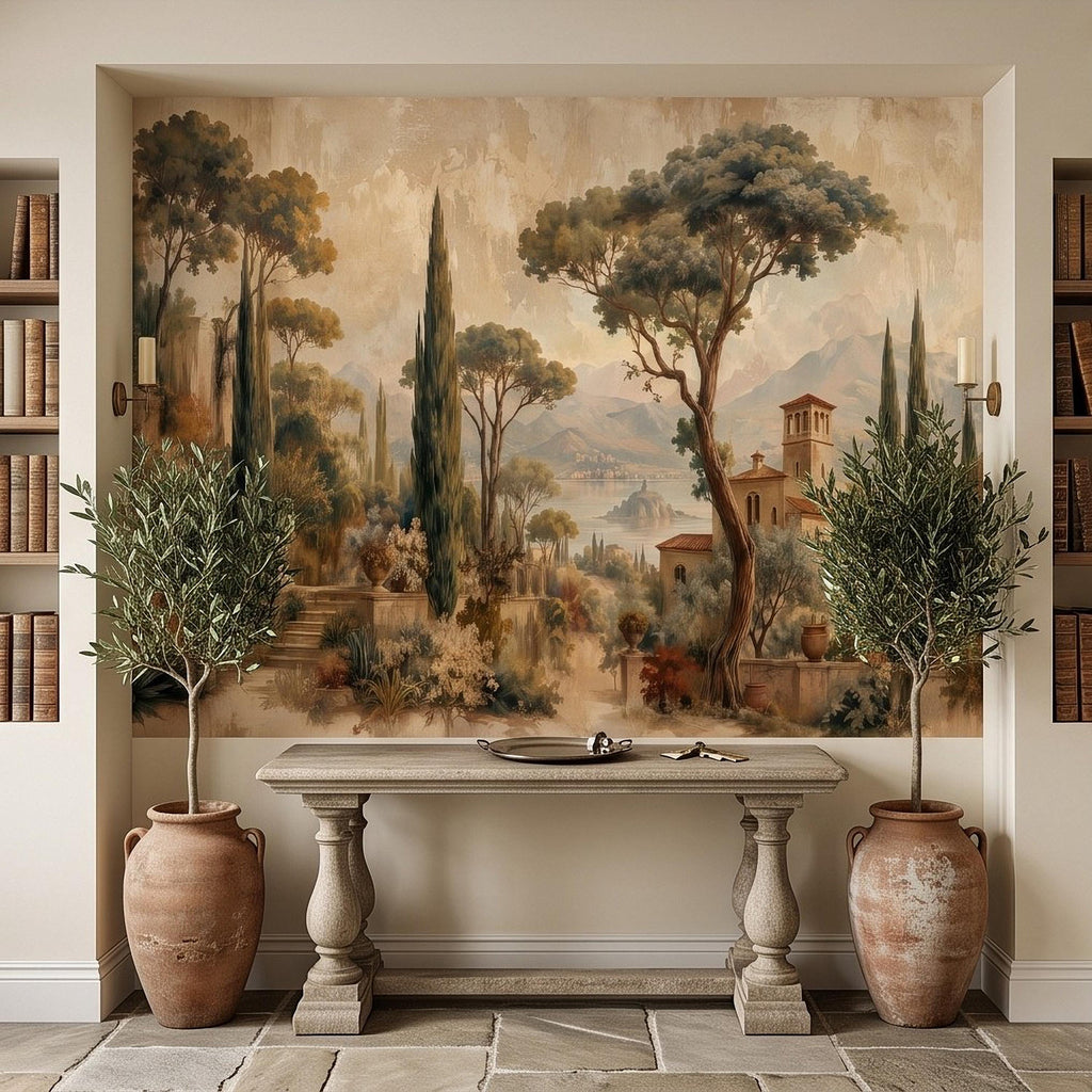 Vintage Italian Landscape Peel and Stick Wall Mural, Tuscany Lake Villa Cypress Trees Mediterranean Old World Scenic Painting Wallpaper