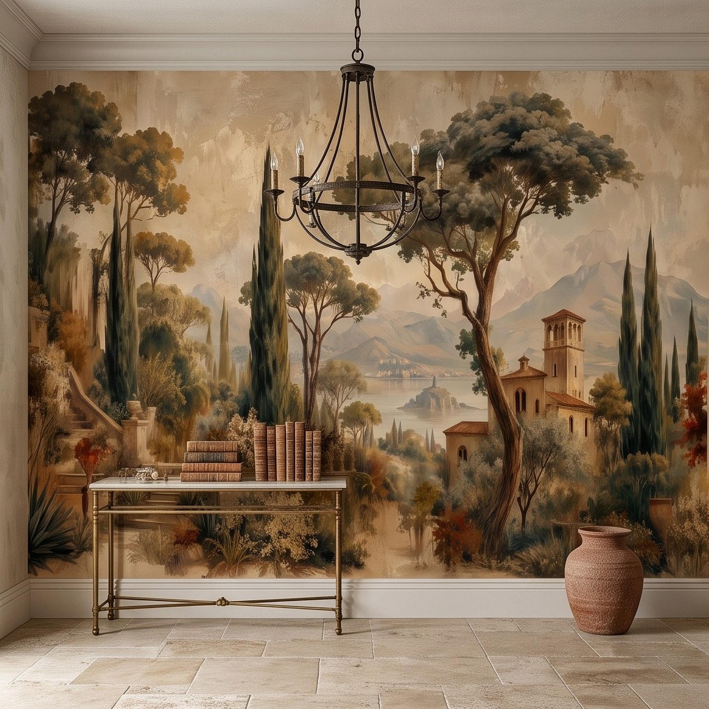 Vintage Italian Landscape Peel and Stick Wall Mural, Tuscany Lake Villa Cypress Trees Mediterranean Old World Scenic Painting Wallpaper