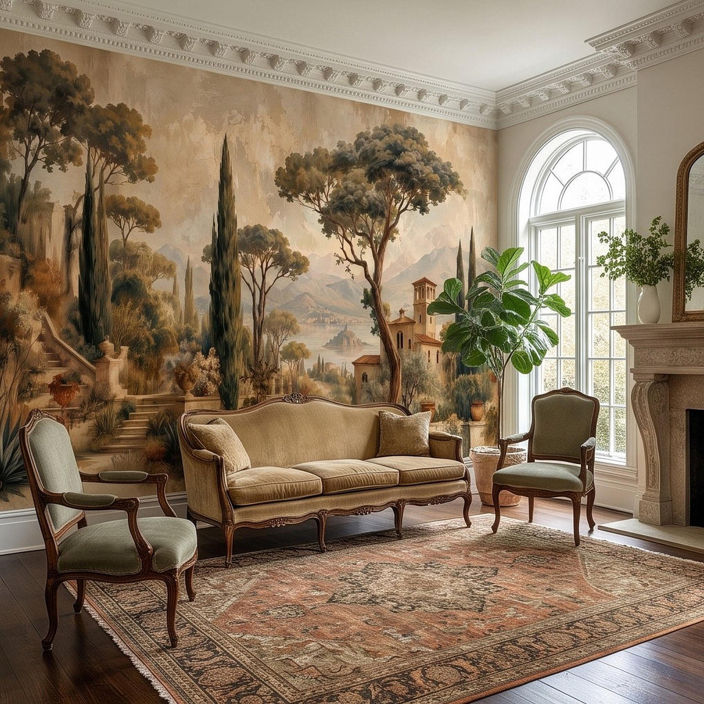 Vintage Italian Landscape Peel and Stick Wall Mural, Tuscany Lake Villa Cypress Trees Mediterranean Old World Scenic Painting Wallpaper