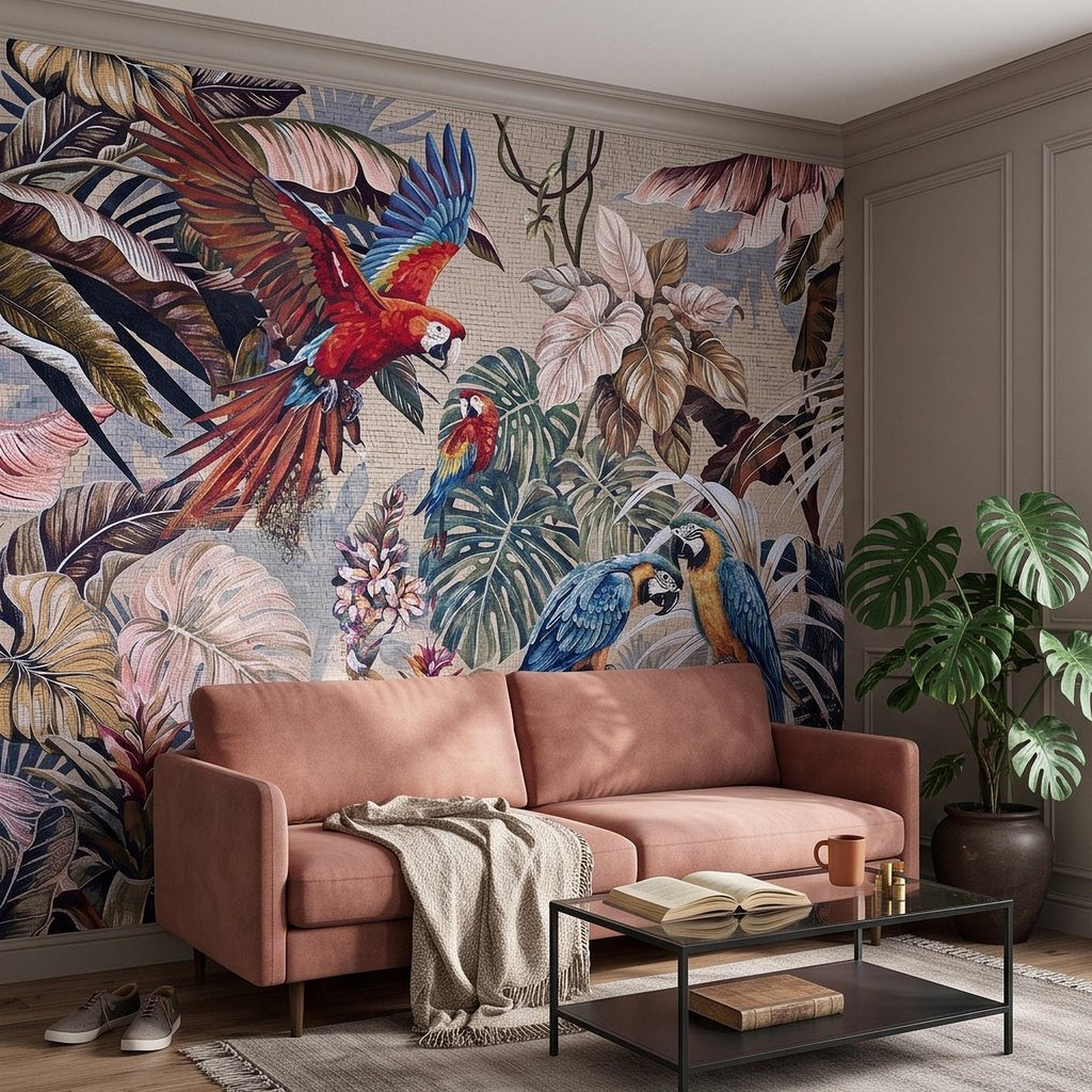 Tropical Macaw Peel and Stick Wall Mural, Exotic Parrots Monstera Banana Leaves Botanical Mosaic Wallpaper