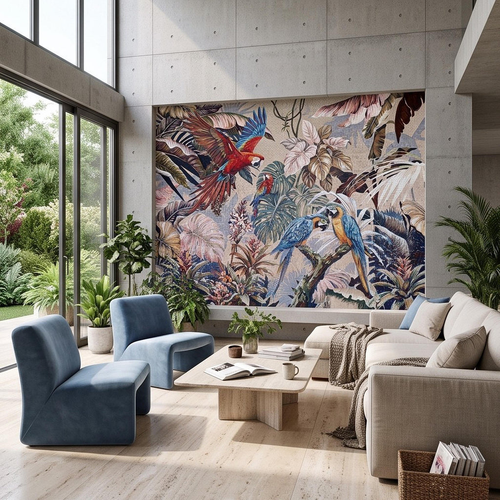 Tropical Macaw Peel and Stick Wall Mural, Exotic Parrots Monstera Banana Leaves Botanical Mosaic Wallpaper