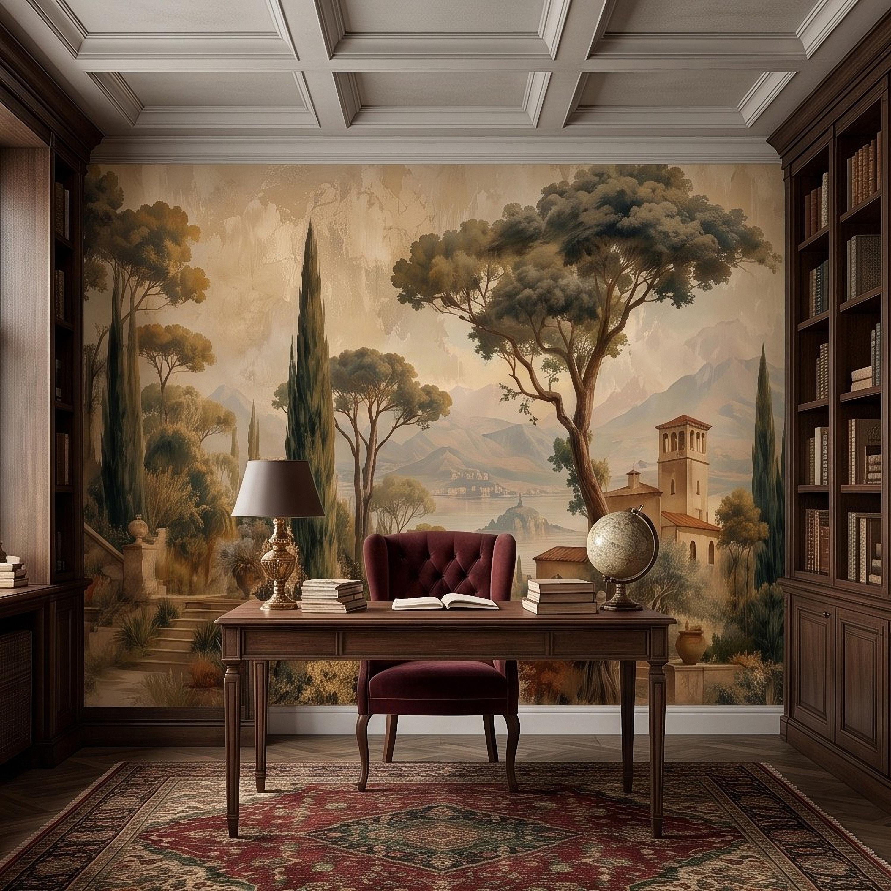 Vintage Italian Landscape Peel and Stick Wall Mural, Tuscany Lake Villa Cypress Trees Mediterranean Old World Scenic Painting Wallpaper