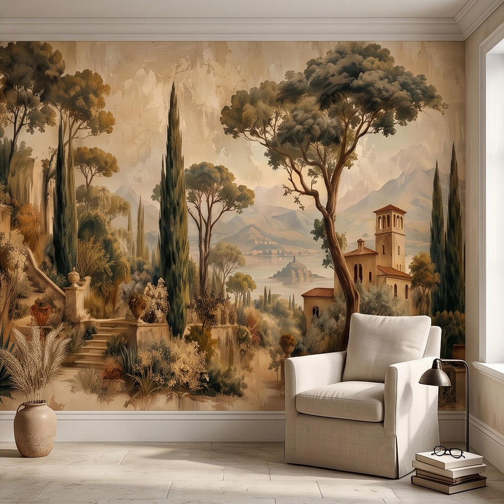 Vintage Italian Landscape Peel and Stick Wall Mural, Tuscany Lake Villa Cypress Trees Mediterranean Old World Scenic Painting Wallpaper