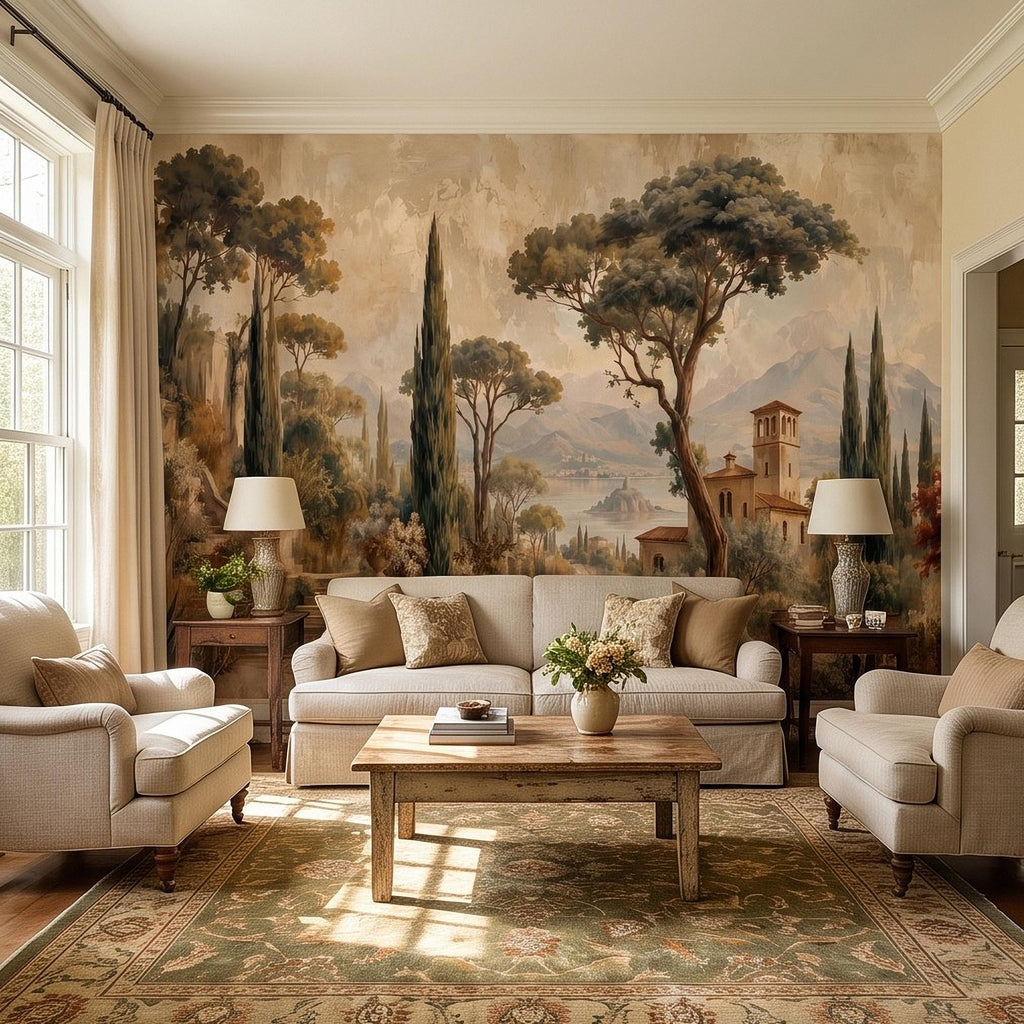 Vintage Italian Landscape Peel and Stick Wall Mural, Tuscany Lake Villa Cypress Trees Mediterranean Old World Scenic Painting Wallpaper