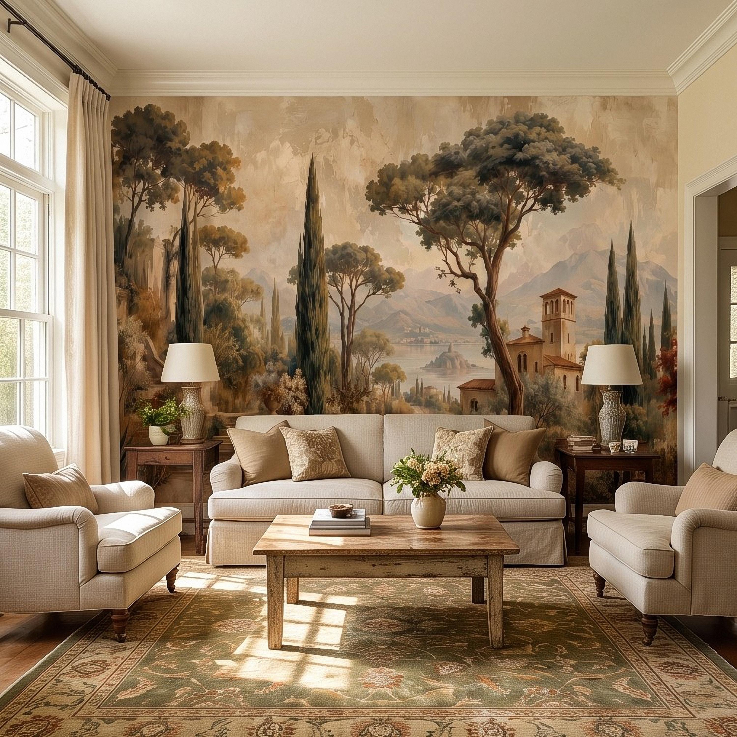 Vintage Italian Landscape Peel and Stick Wall Mural, Tuscany Lake Villa Cypress Trees Mediterranean Old World Scenic Painting Wallpaper