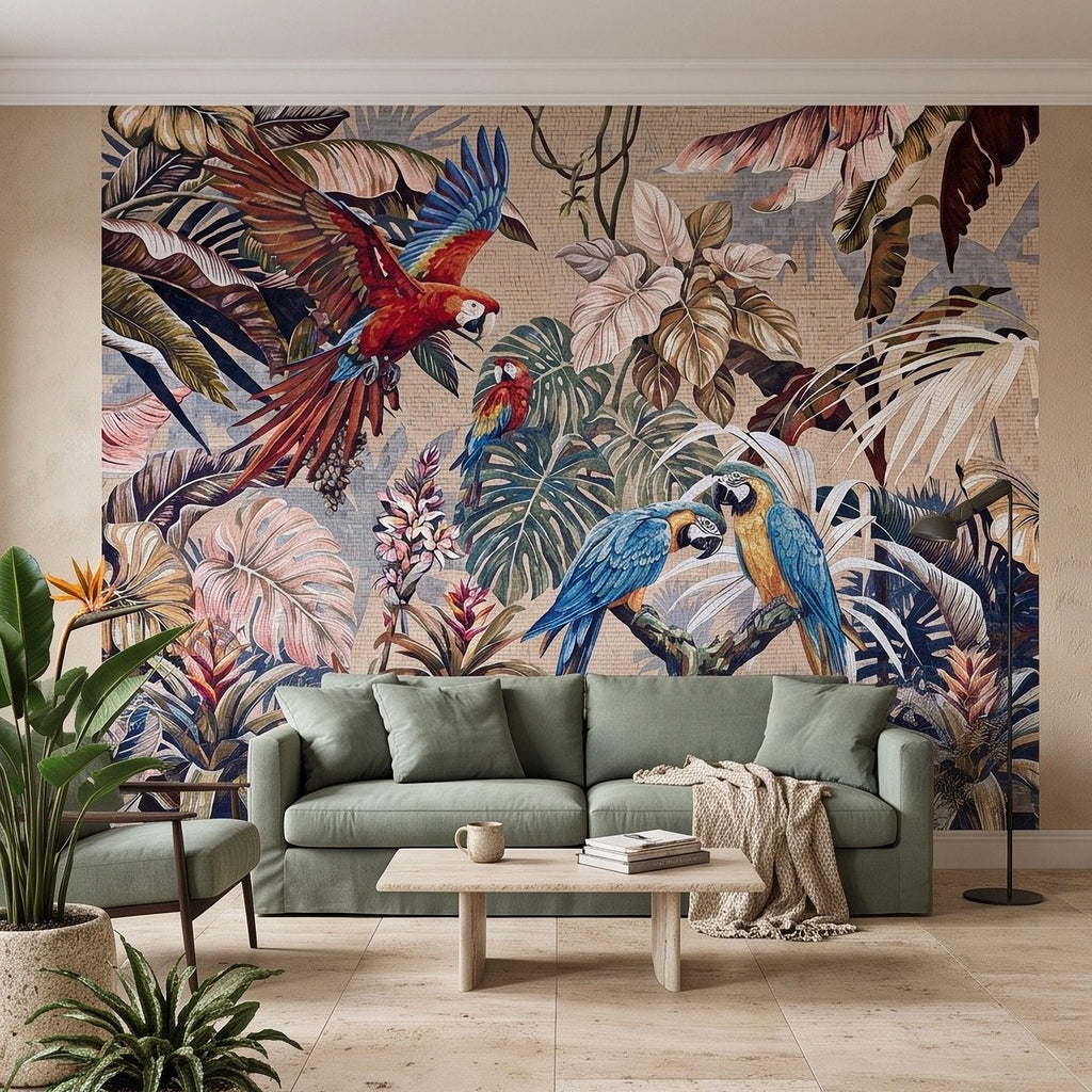 Tropical Macaw Peel and Stick Wall Mural, Exotic Parrots Monstera Banana Leaves Botanical Mosaic Wallpaper