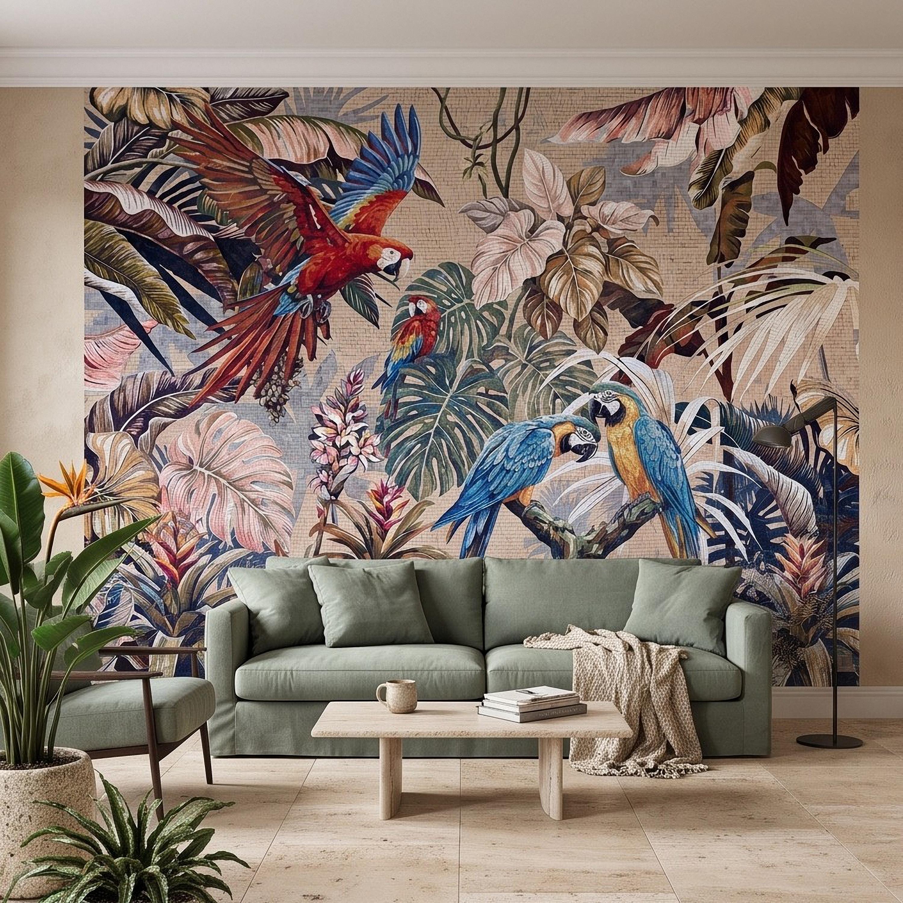 Tropical Macaw Peel and Stick Wall Mural, Exotic Parrots Monstera Banana Leaves Botanical Mosaic Wallpaper