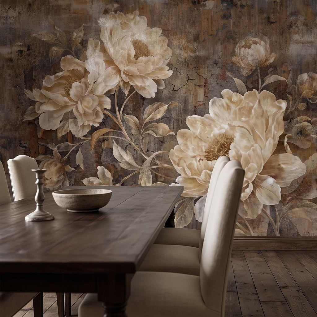 Vintage Peony Peel and Stick Wall Mural, Ivory Beige Floral Distressed Plaster Texture Antique Botanical Wallpaper