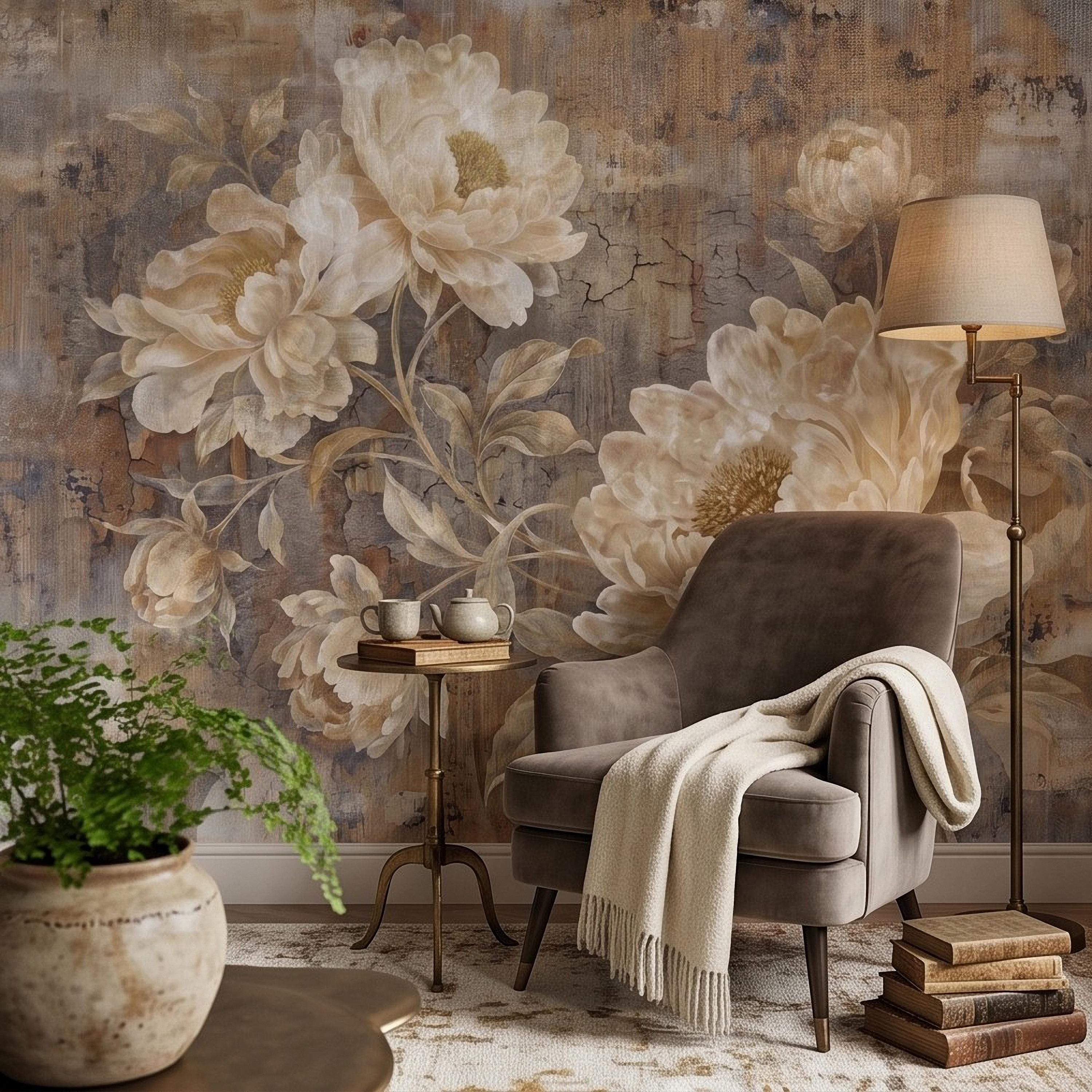 Vintage Peony Peel and Stick Wall Mural, Ivory Beige Floral Distressed Plaster Texture Antique Botanical Wallpaper