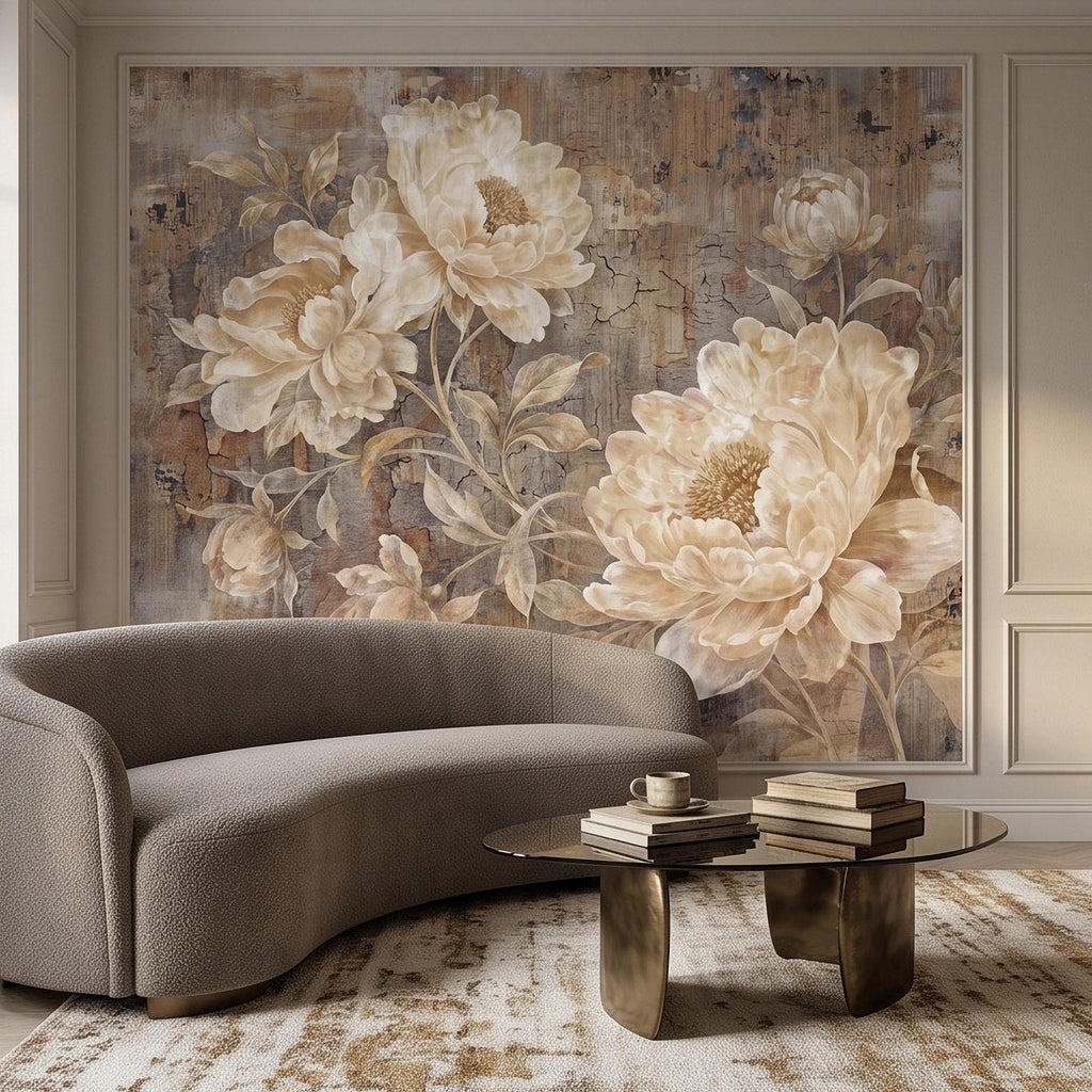 Vintage Peony Peel and Stick Wall Mural, Ivory Beige Floral Distressed Plaster Texture Antique Botanical Wallpaper