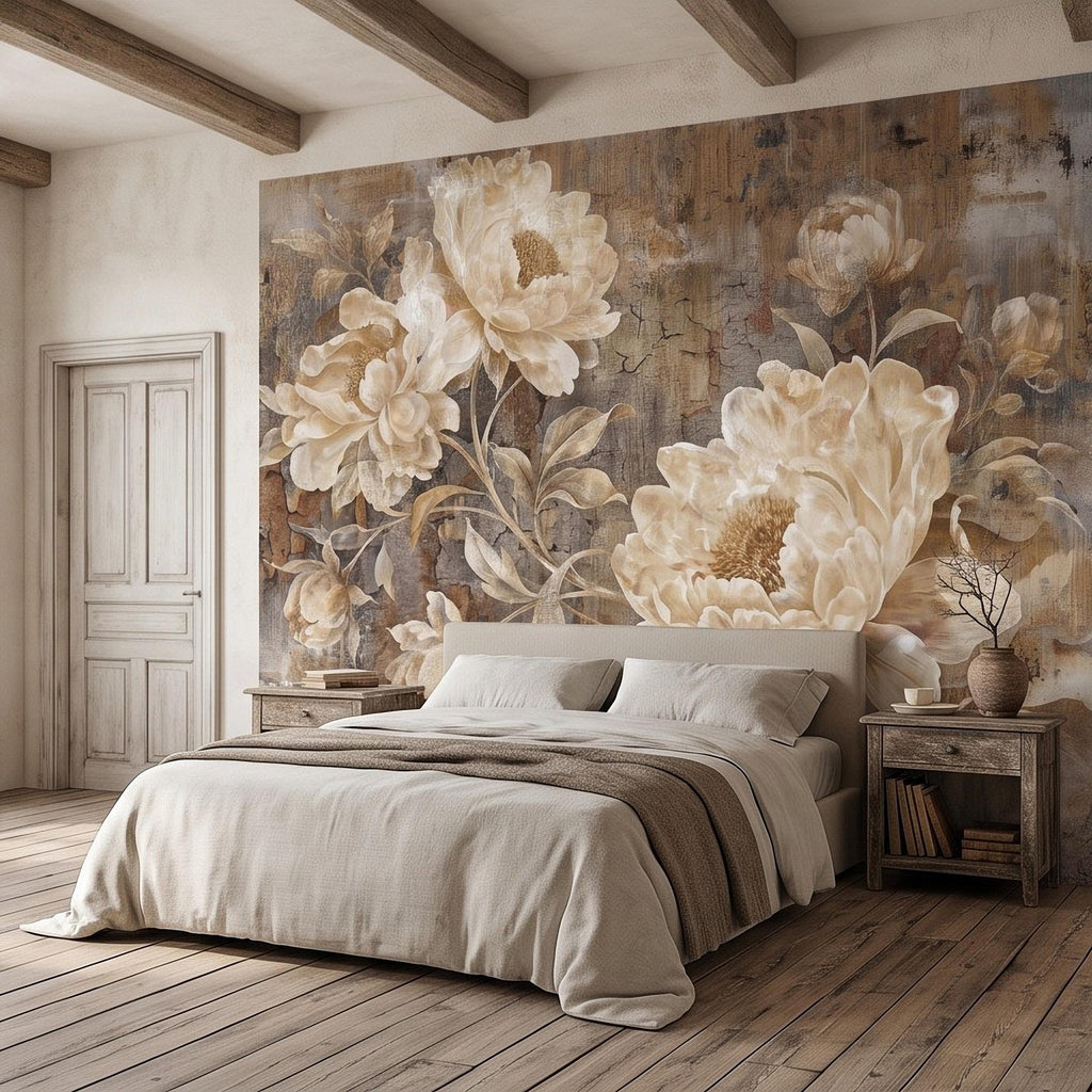 Vintage Peony Peel and Stick Wall Mural, Ivory Beige Floral Distressed Plaster Texture Antique Botanical Wallpaper