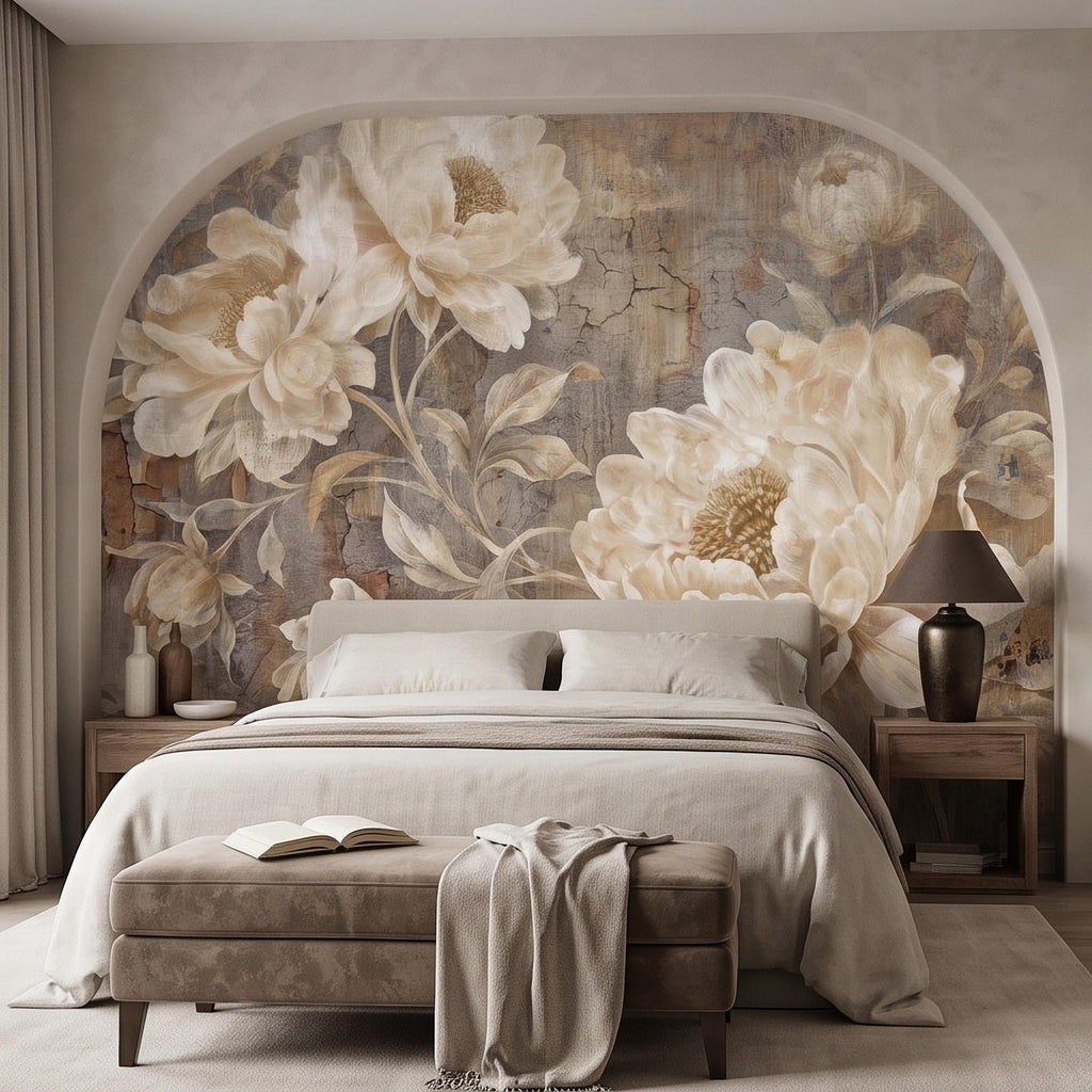 Vintage Peony Peel and Stick Wall Mural, Ivory Beige Floral Distressed Plaster Texture Antique Botanical Wallpaper