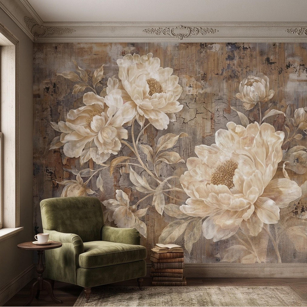 Vintage Peony Peel and Stick Wall Mural, Ivory Beige Floral Distressed Plaster Texture Antique Botanical Wallpaper