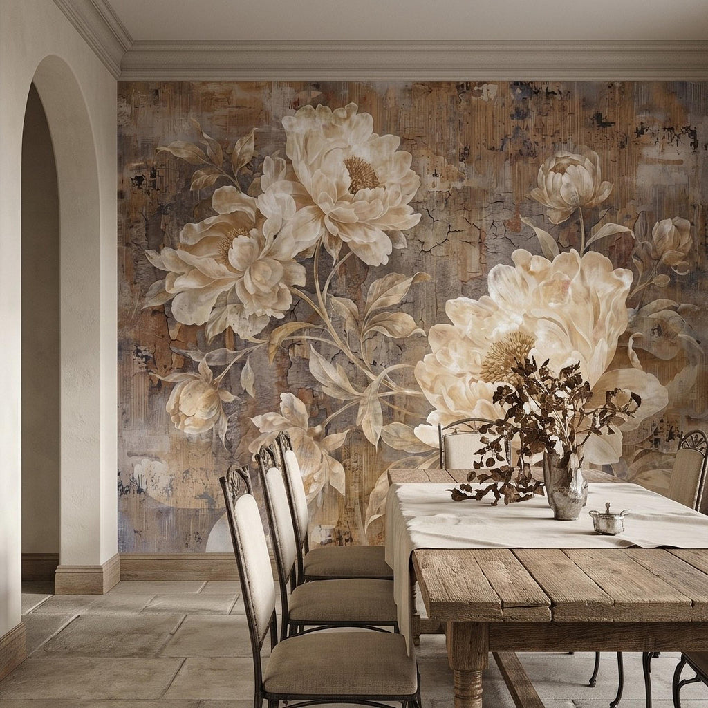Vintage Peony Peel and Stick Wall Mural, Ivory Beige Floral Distressed Plaster Texture Antique Botanical Wallpaper