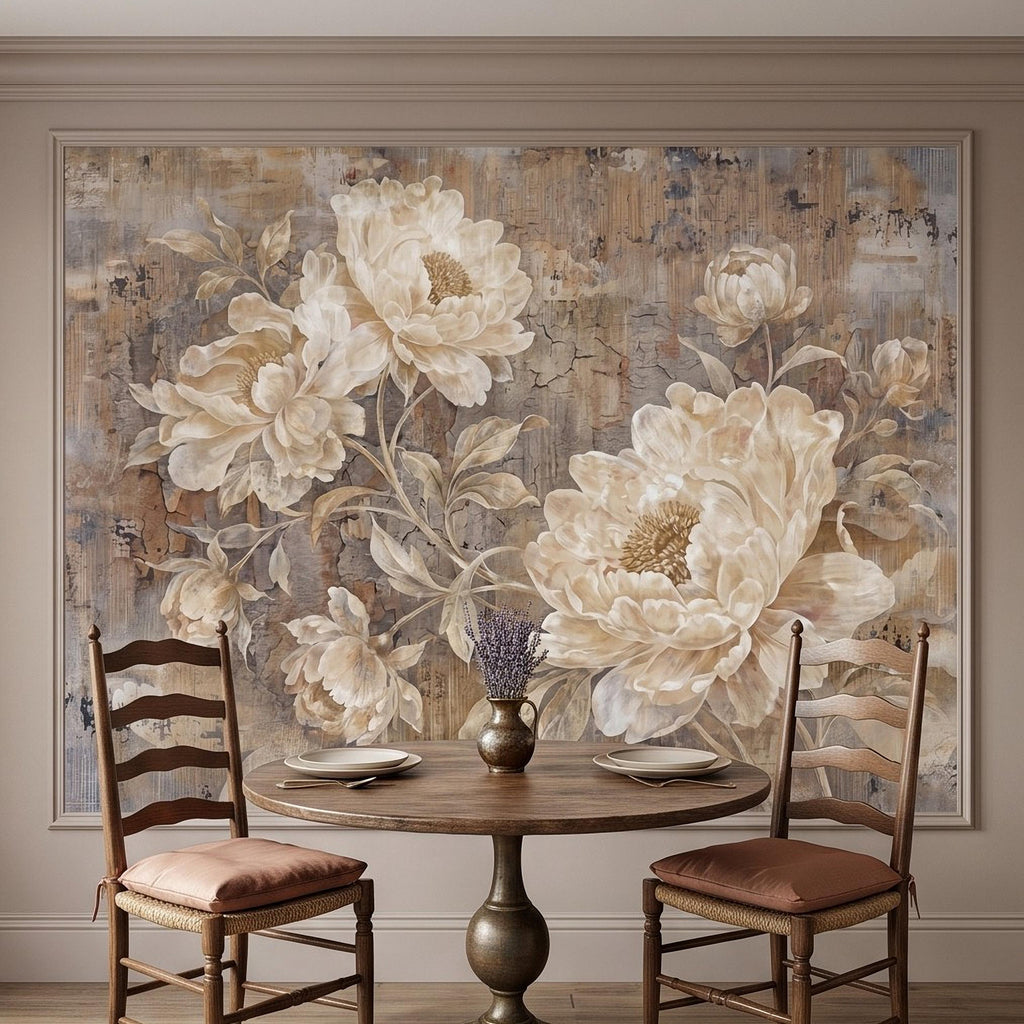 Vintage Peony Peel and Stick Wall Mural, Ivory Beige Floral Distressed Plaster Texture Antique Botanical Wallpaper