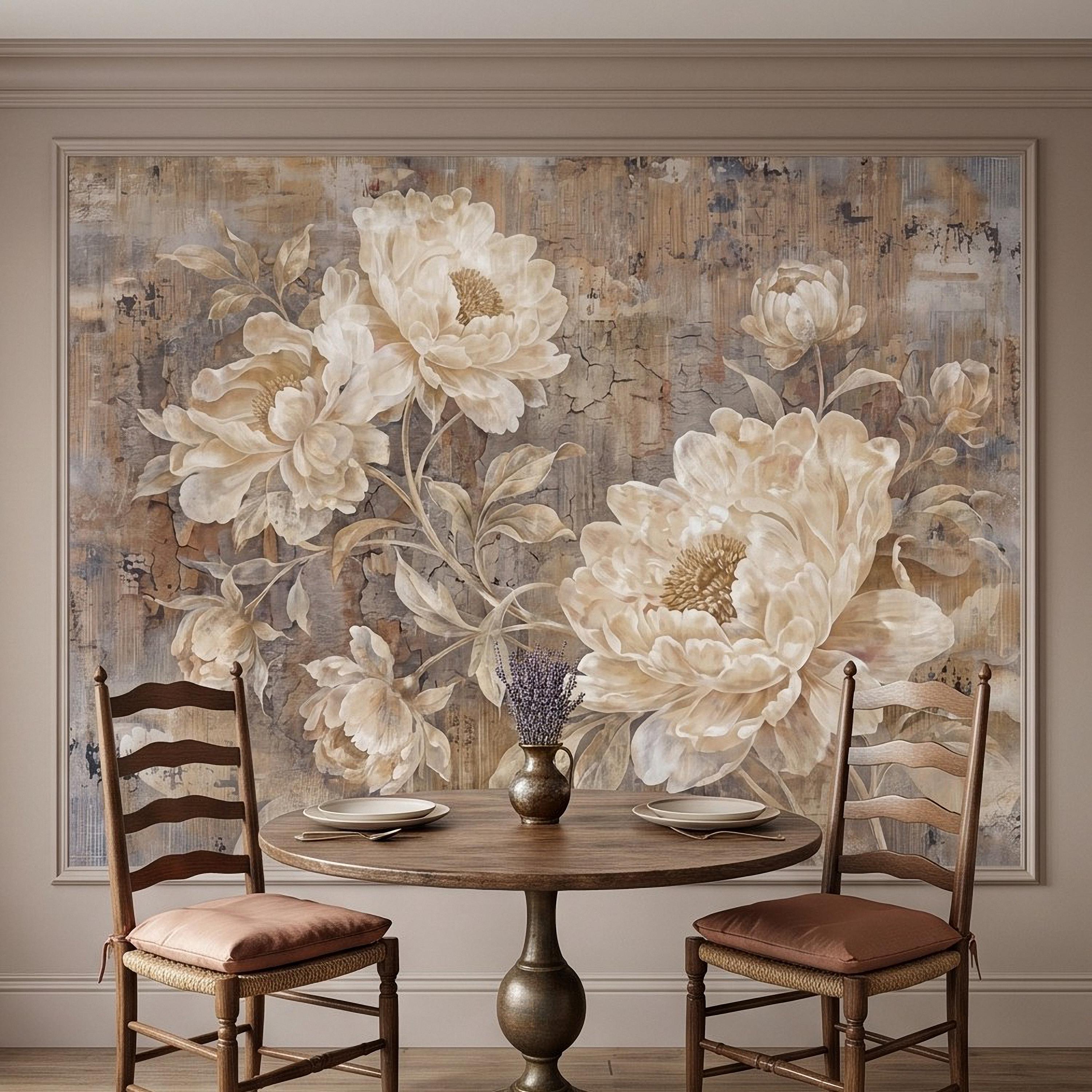 Vintage Peony Peel and Stick Wall Mural, Ivory Beige Floral Distressed Plaster Texture Antique Botanical Wallpaper