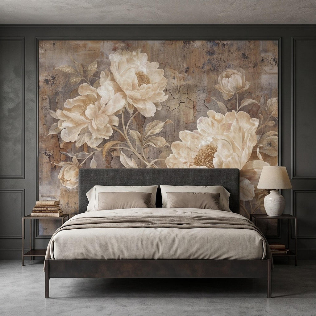 Vintage Peony Peel and Stick Wall Mural, Ivory Beige Floral Distressed Plaster Texture Antique Botanical Wallpaper