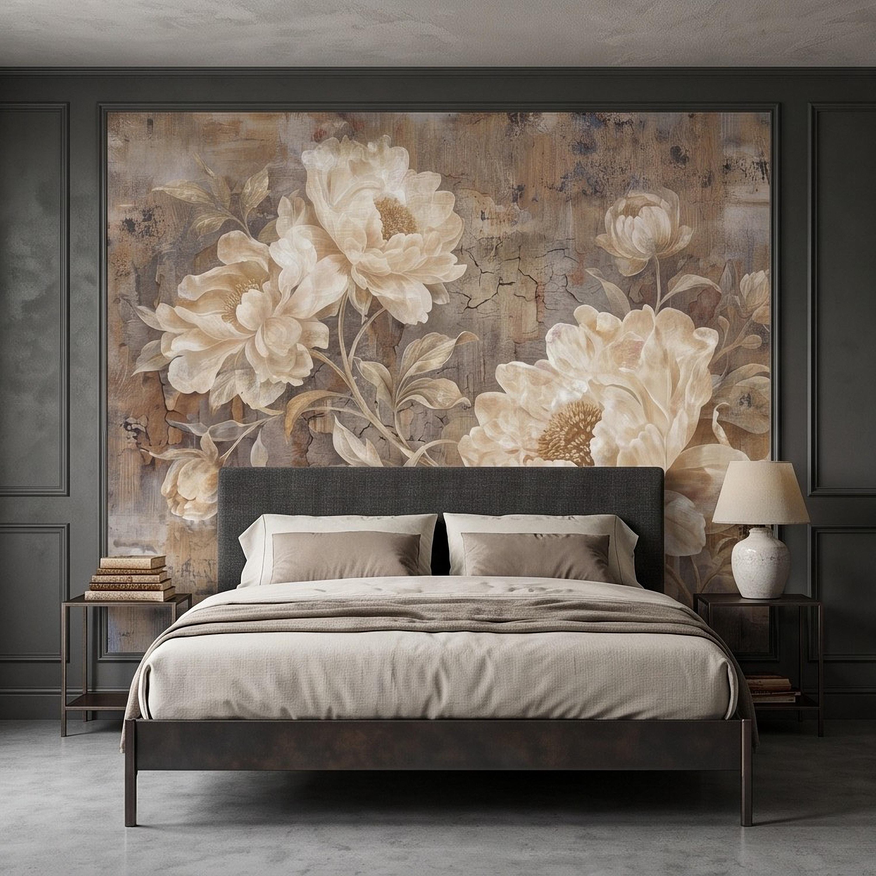 Vintage Peony Peel and Stick Wall Mural, Ivory Beige Floral Distressed Plaster Texture Antique Botanical Wallpaper