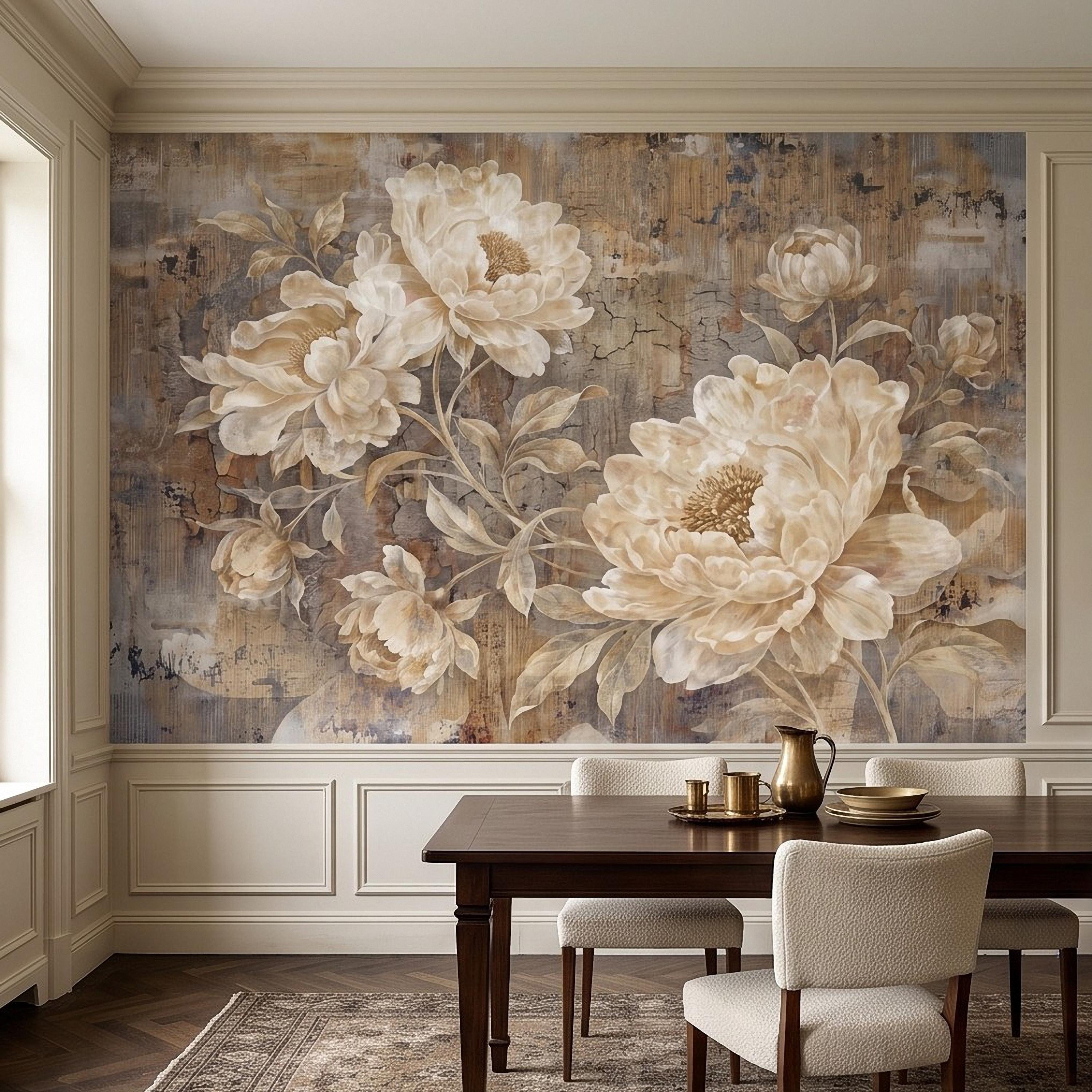 Vintage Peony Peel and Stick Wall Mural, Ivory Beige Floral Distressed Plaster Texture Antique Botanical Wallpaper