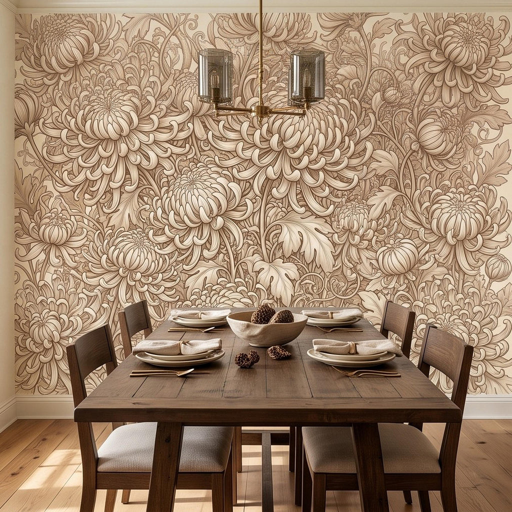 Vintage Chrysanthemum Peel and Stick Wall Mural, Beige Botanical Floral Asian Inspired Hand Drawn Bloom Line Art Wallpaper