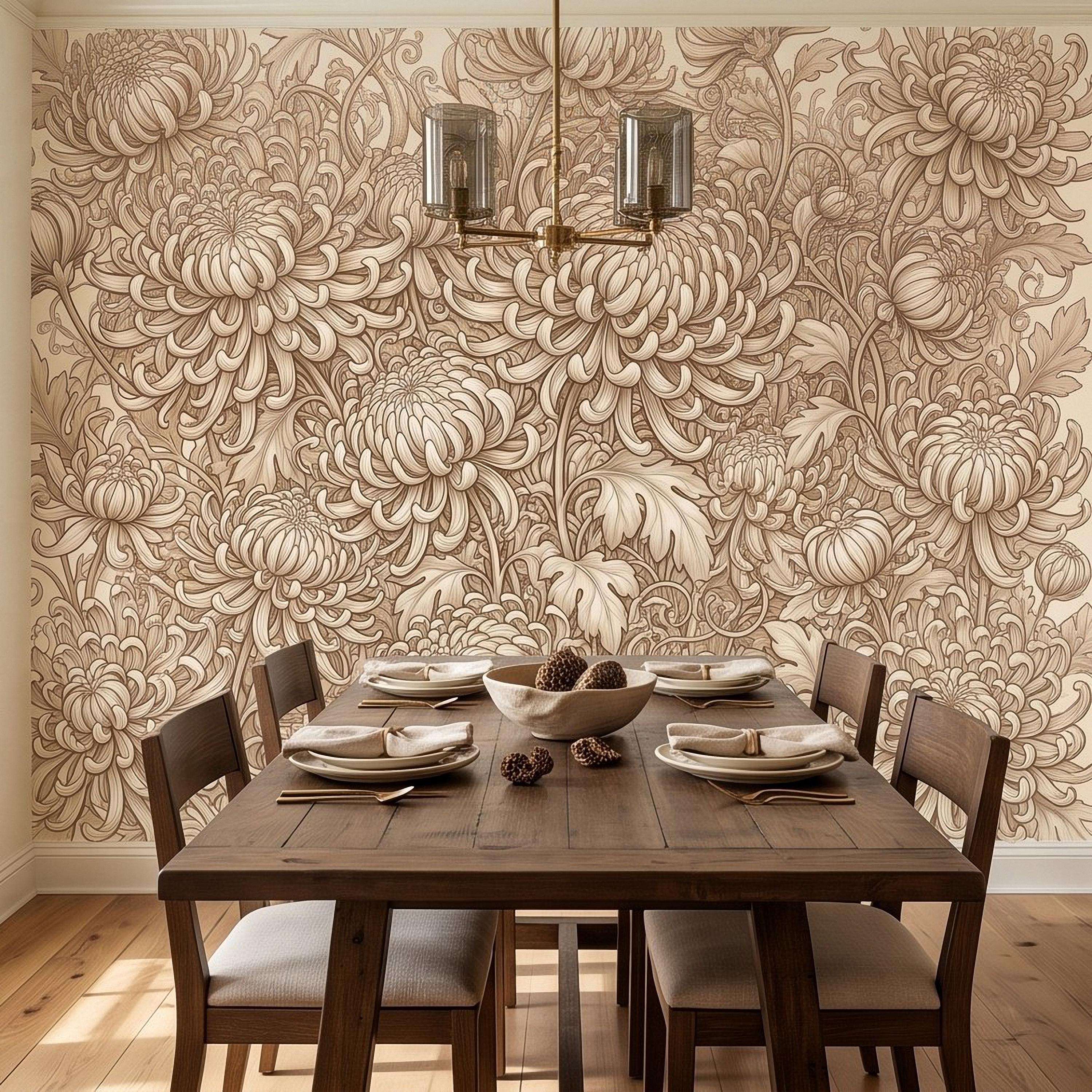 Vintage Chrysanthemum Peel and Stick Wall Mural, Beige Botanical Floral Asian Inspired Hand Drawn Bloom Line Art Wallpaper