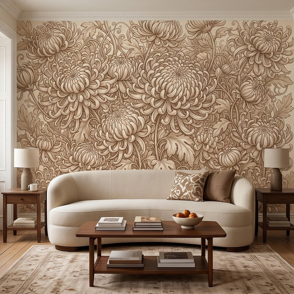 Vintage Chrysanthemum Peel and Stick Wall Mural, Beige Botanical Floral Asian Inspired Hand Drawn Bloom Line Art Wallpaper