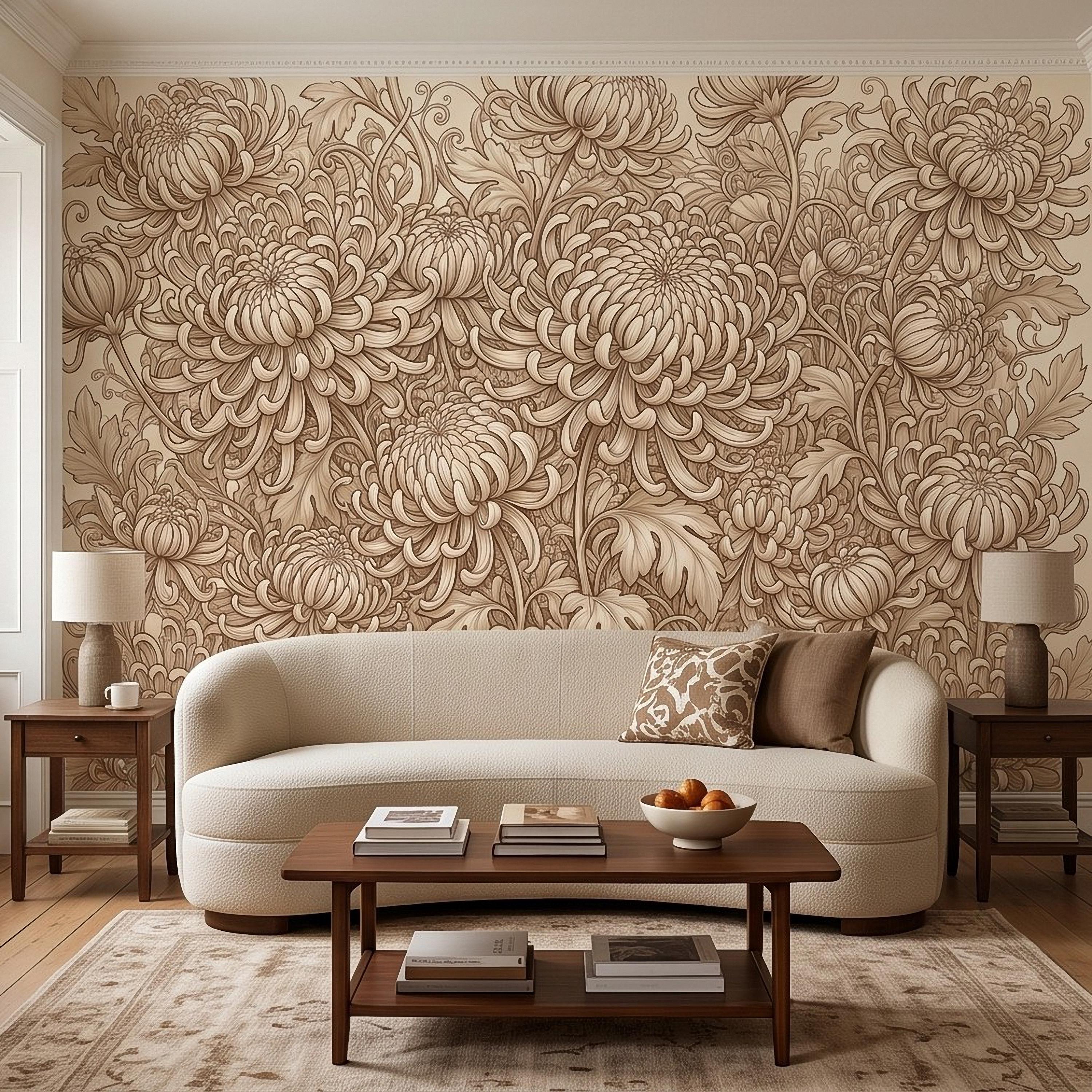 Vintage Chrysanthemum Peel and Stick Wall Mural, Beige Botanical Floral Asian Inspired Hand Drawn Bloom Line Art Wallpaper