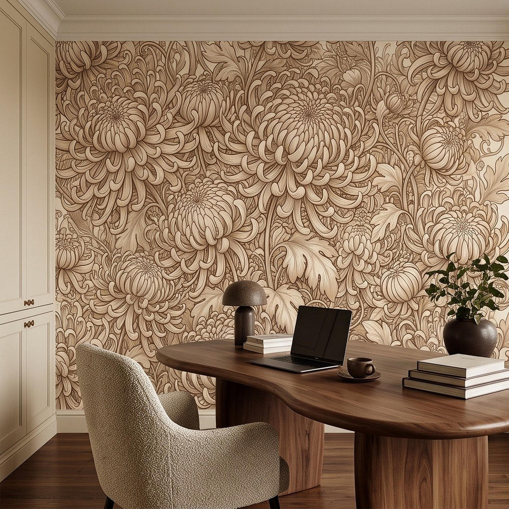 Vintage Chrysanthemum Peel and Stick Wall Mural, Beige Botanical Floral Asian Inspired Hand Drawn Bloom Line Art Wallpaper