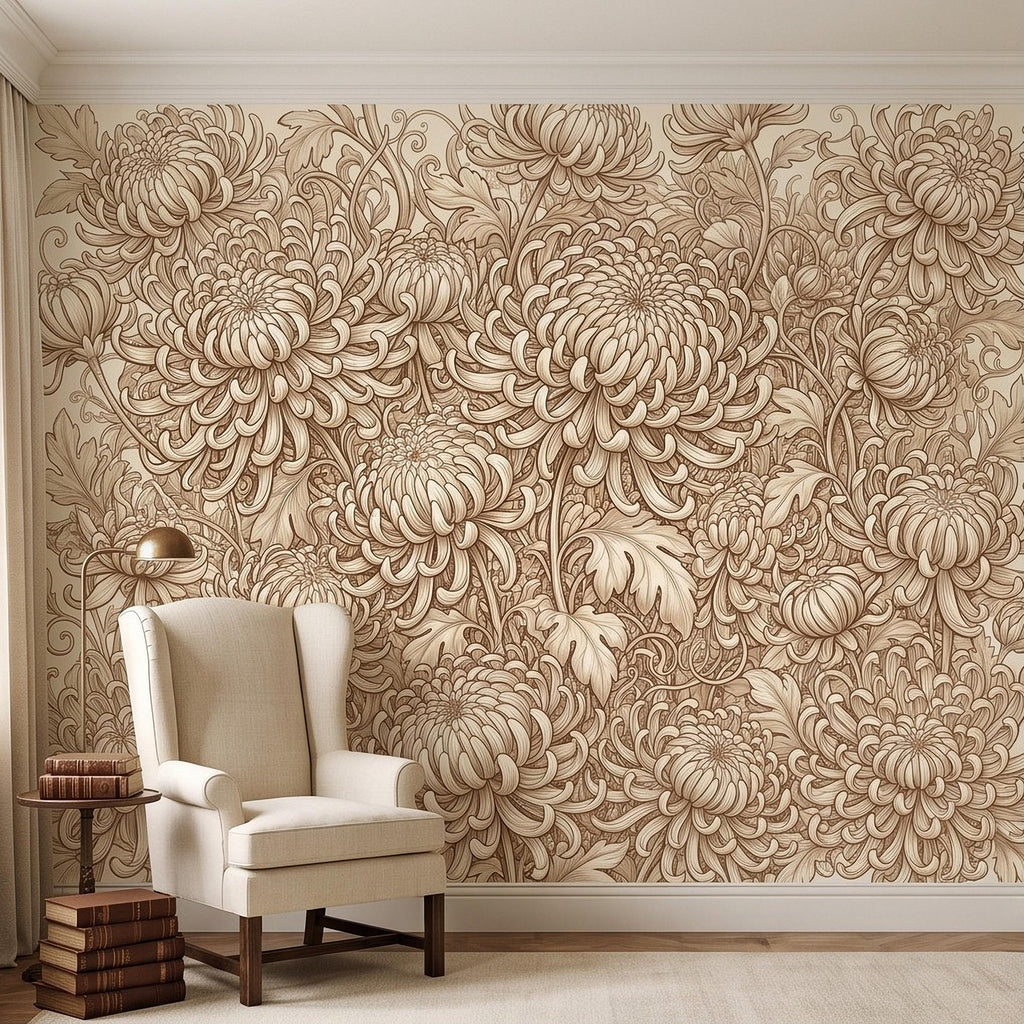 Vintage Chrysanthemum Peel and Stick Wall Mural, Beige Botanical Floral Asian Inspired Hand Drawn Bloom Line Art Wallpaper